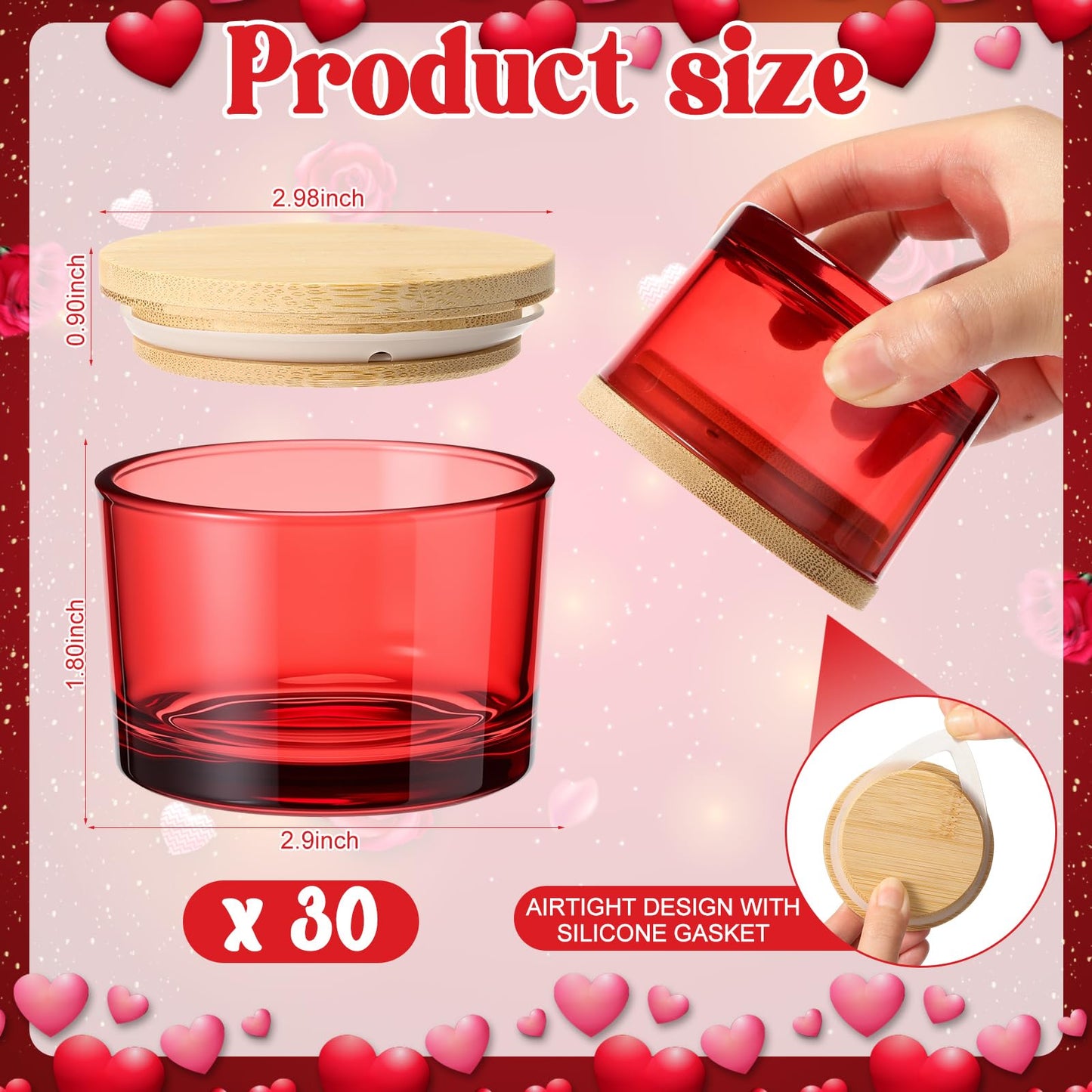 Acellegic 30 Pack 4.73 OZ Thick Candle Jars for Making Candles, Candle Jar, Wide Mouth Glass Empty Jars with Bamboo Lids for Making Candles, Bulk Container Dishwasher Safe (Red)