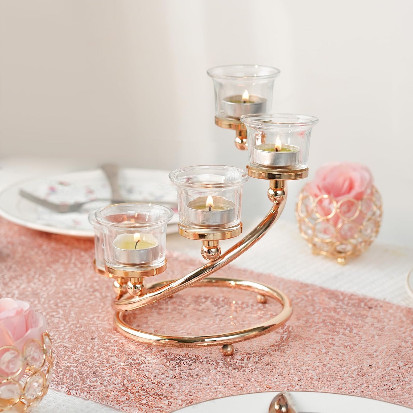 Kolnlala 1Pc Gold 5-arm Metal & Glass Tea Light Candle Holders for Table Centerpiece, Glass Votive Tealight Holders/Candelabra Candlestick Holders for Wedding,Party, Anniversary,Christmas