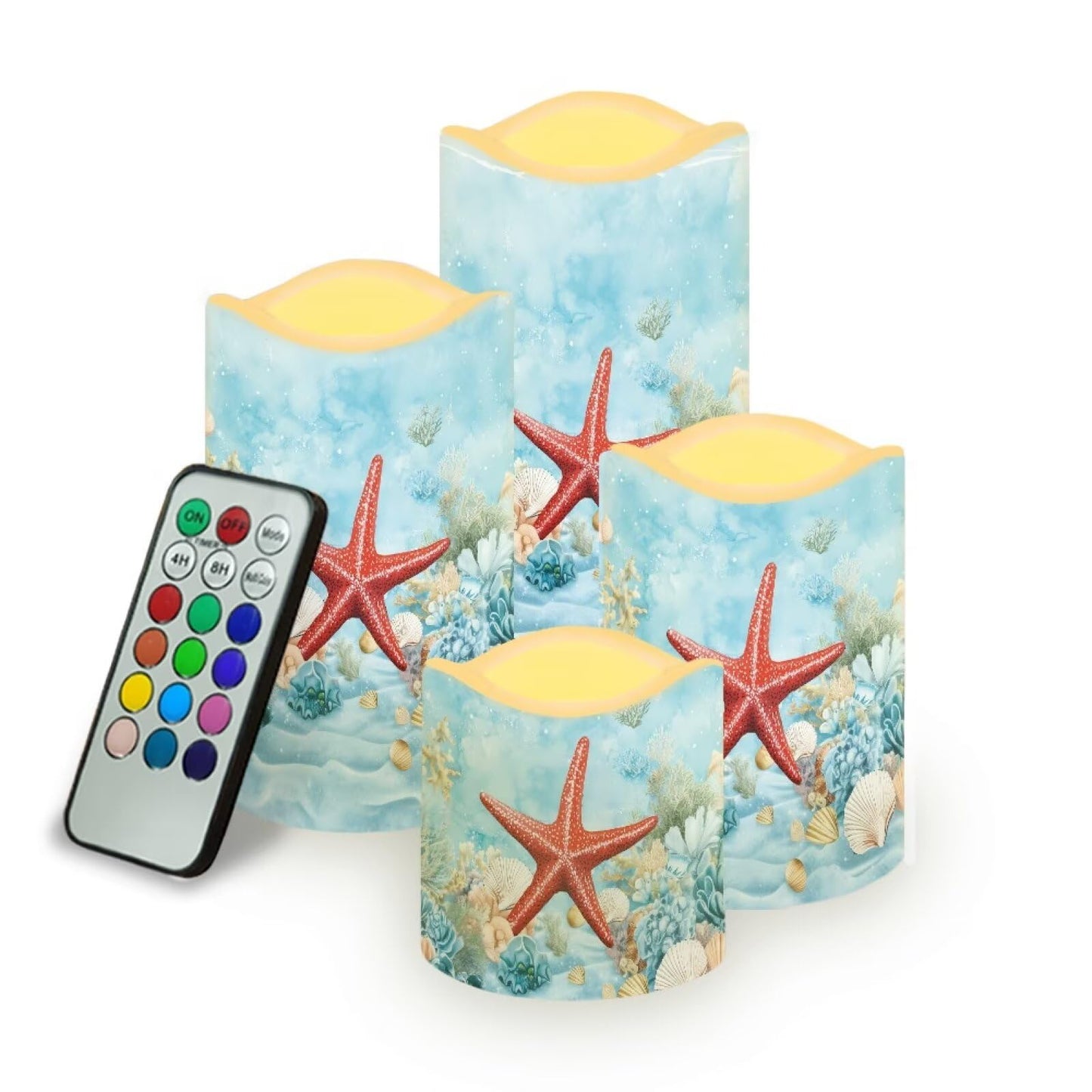 Cozeyat Starfish Sea Flameless Candles Set of 4 Battery Powered LED Pillar Candles with Remote Timer Flickering for Indoor Outdoor Table Beach Decor