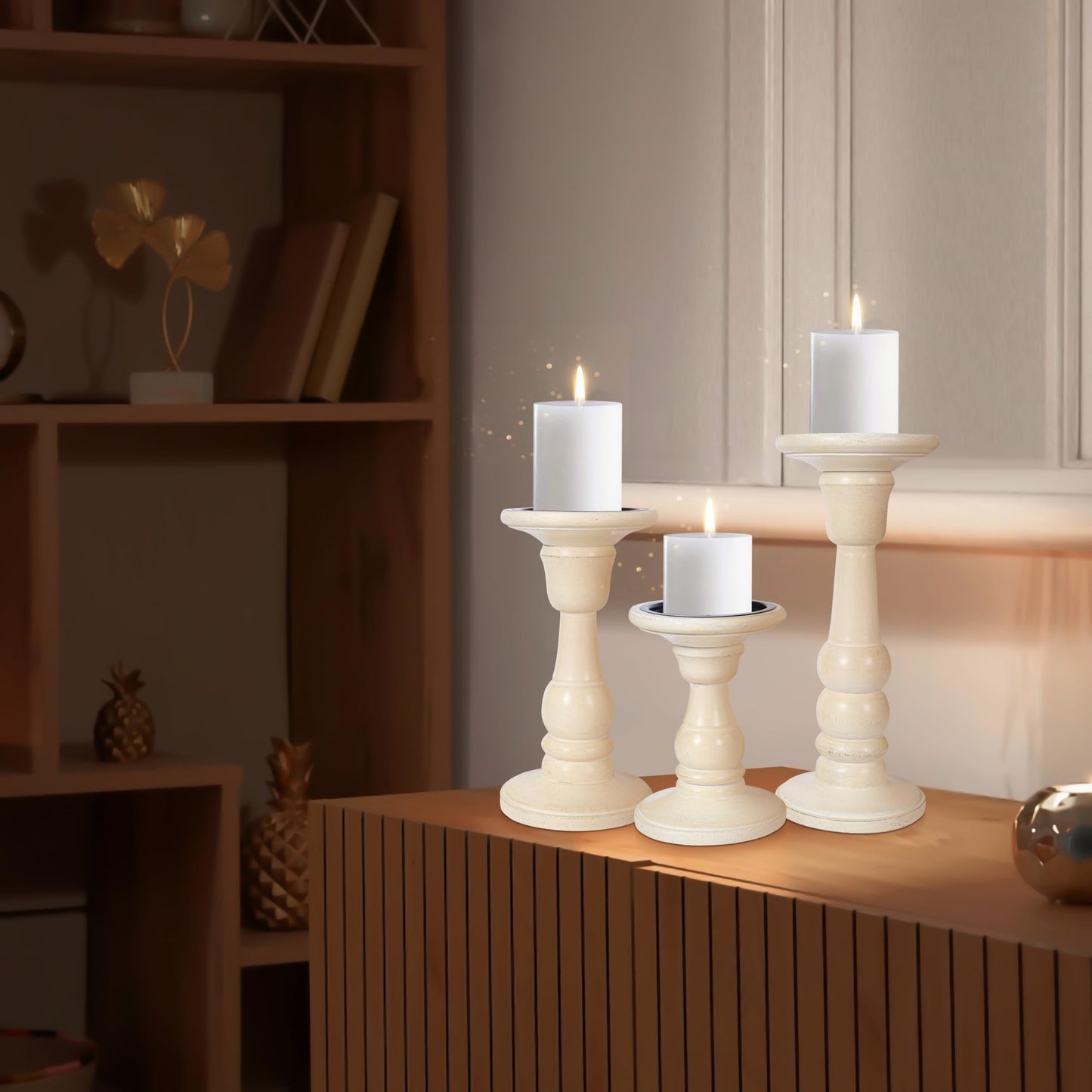 Woodify Wooden Candle Holder Set of 3, Handcrafted Mango Wood Pillar Candle Stands 10", 8", 6", White Antique Candle Holders for Home Décor, Living Room, Dining Table.