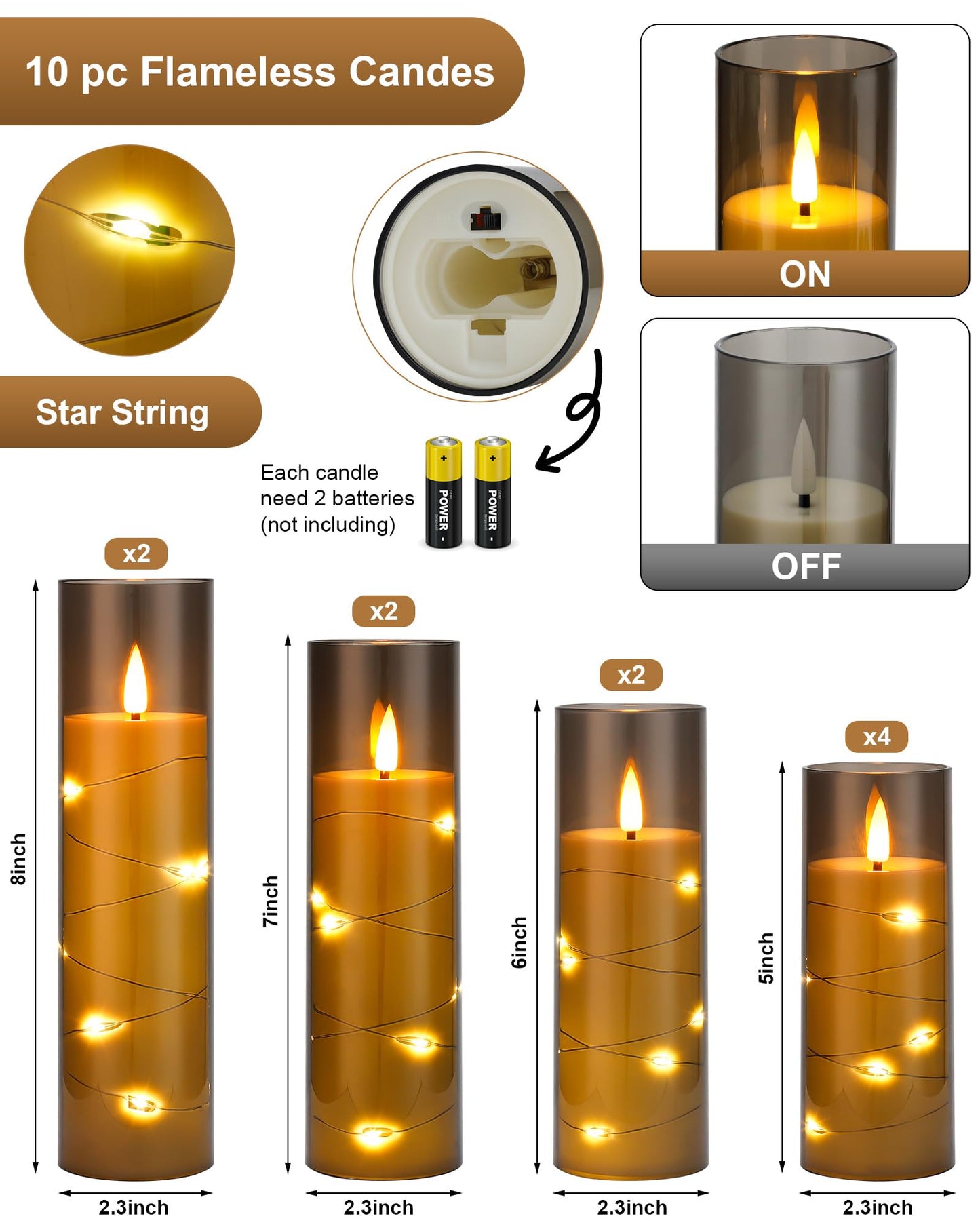 Enido Flameless LED Candles with Remote & Timer, Battery Operated Acrylic Pillar Set, 10 Pc Flickering Electric Lights with Embedded Star String for Cozy Home & Holiday Romantic Decor (Matte Grey)