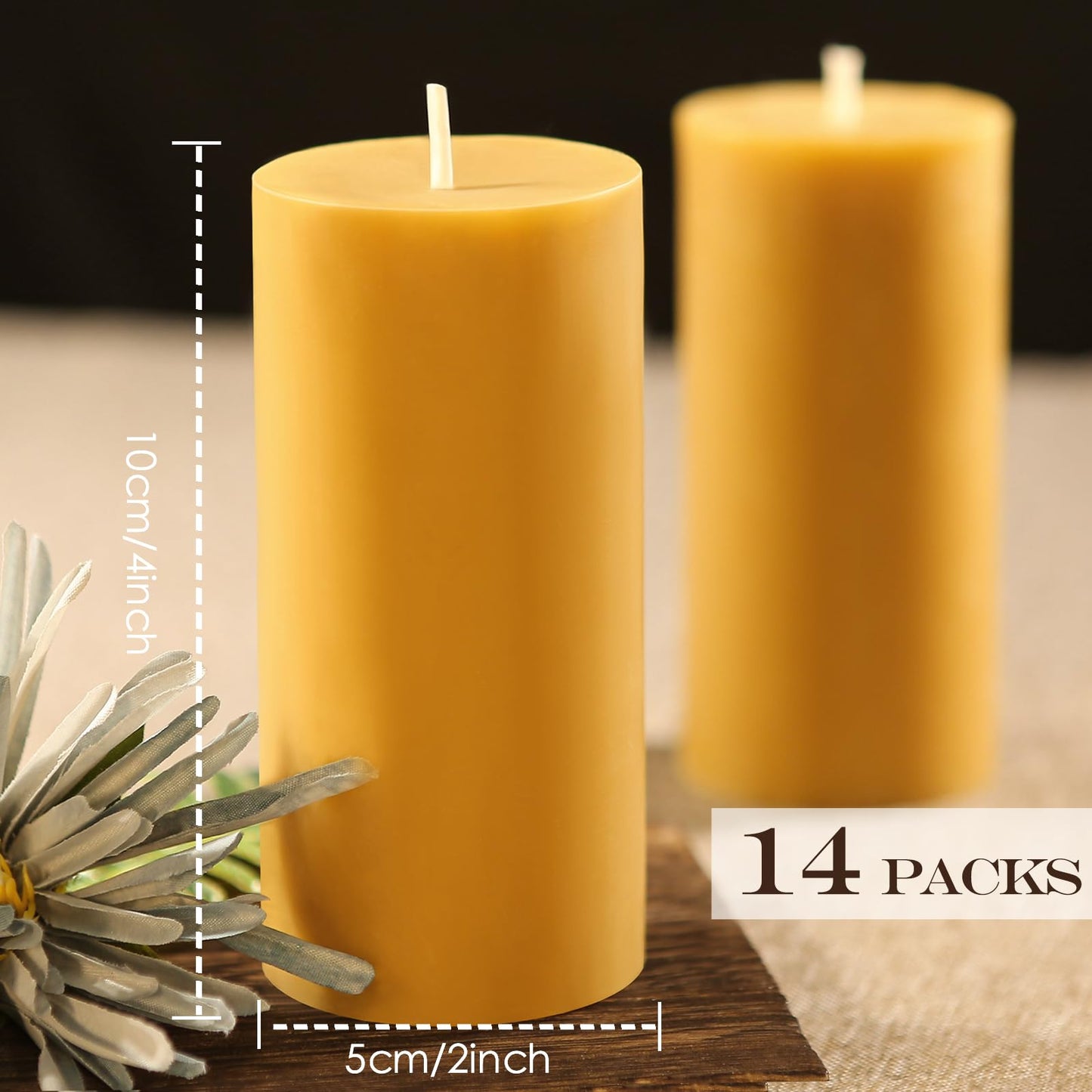 14 Packs Natural Beeswax Candles, Beeswax Pillar Candles with 490 Hours Burn Time, Organic Bees Wax Candles for Home, Relaxation, Smokeless & Dripless, 2x4 inch