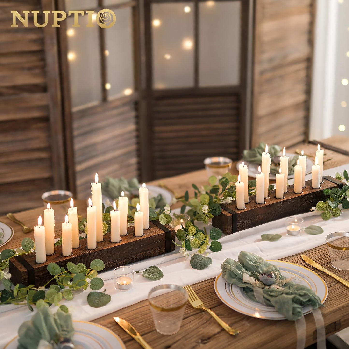 NUPTIO Wood Candelabra for Table Centerpiece: 16.5 inch Long Taper Candle Holder - Farmhouse Candlestick Holder for Christmas Home Dining Living Room Fireplace Decor