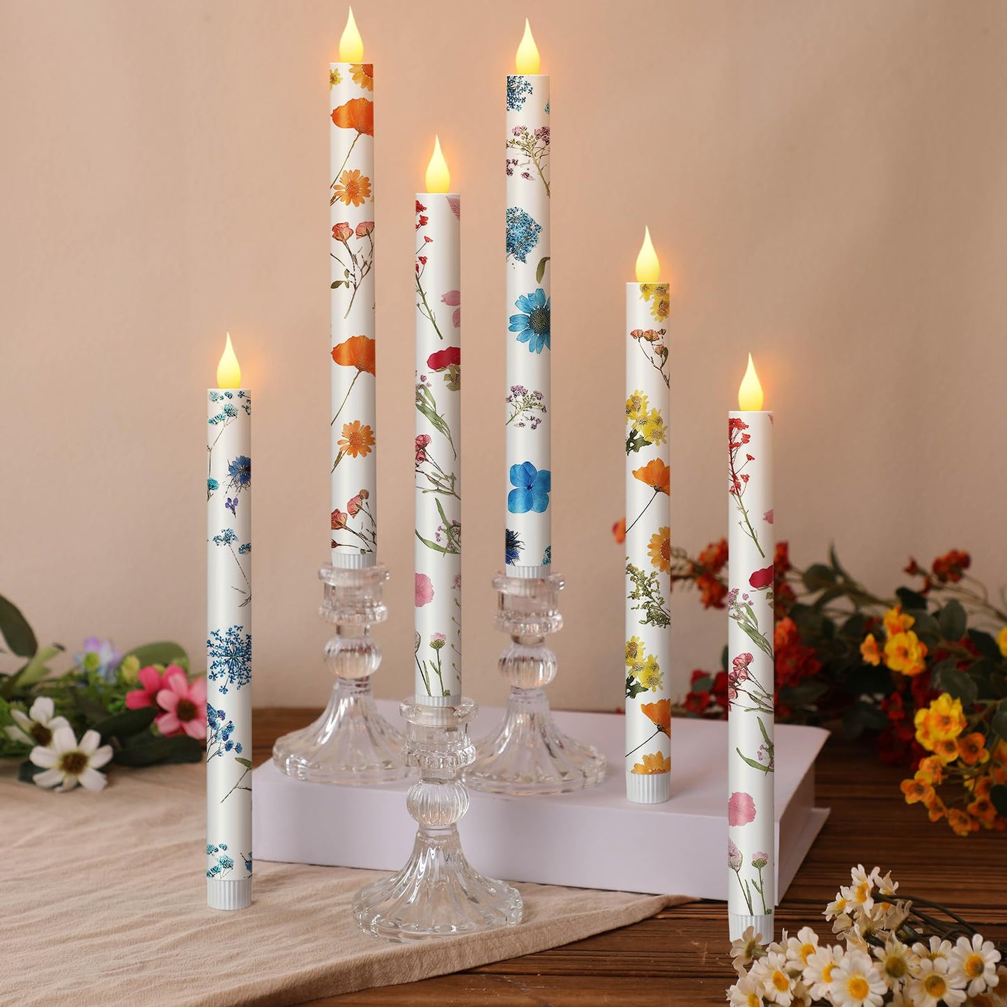 Nuanchu 6 Pcs Flower Flameless Candles 10. 6 '' LED Pressed Floral Pastel Taper Candle Battery Operated Flameless Taper Candlestick Dried Flower Candlestick for Home Wedding Summer Garden Party Decor
