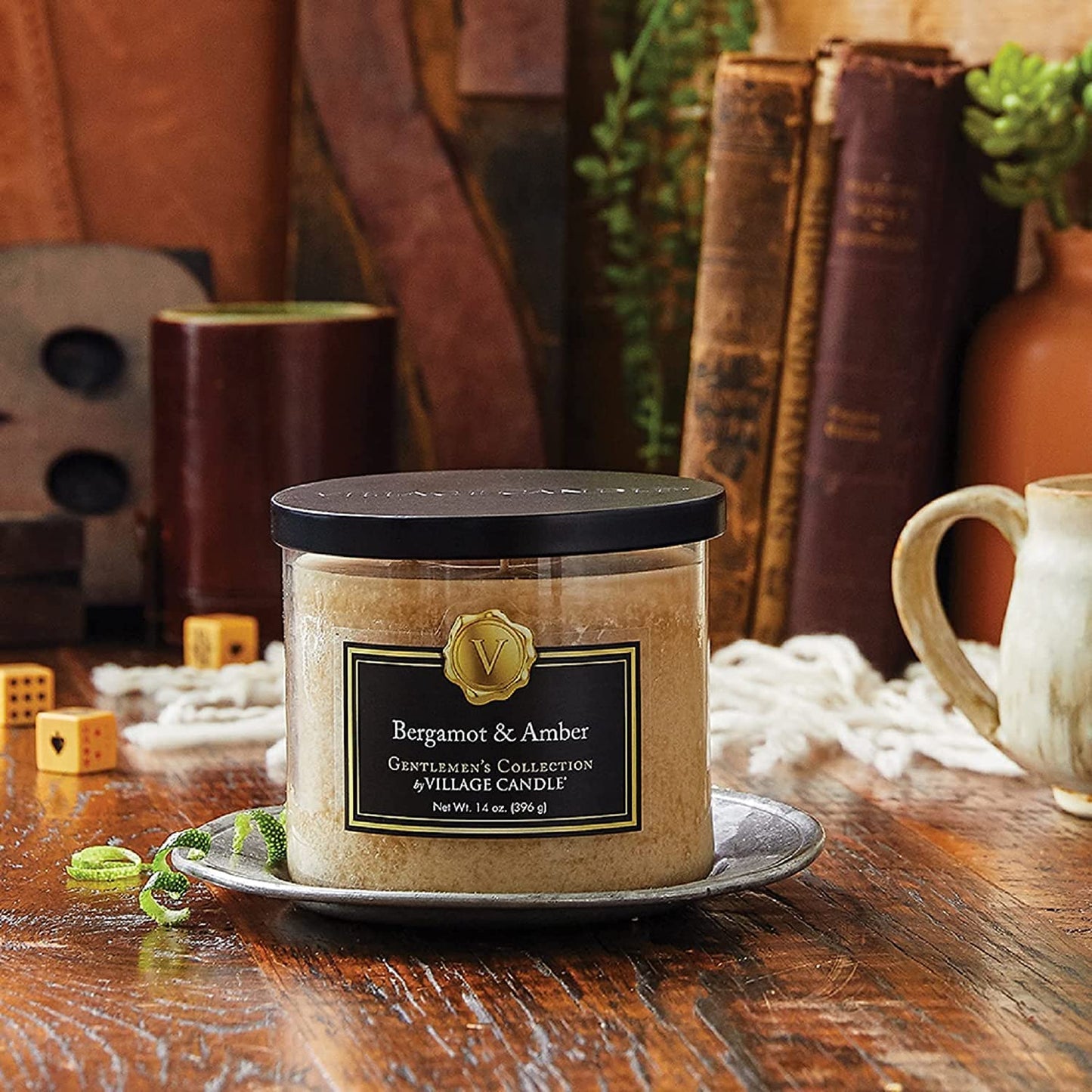 Village Candle Bergamot & Amber Glass 3-Wick Bowl, Scented Candle, 14 oz., Brown