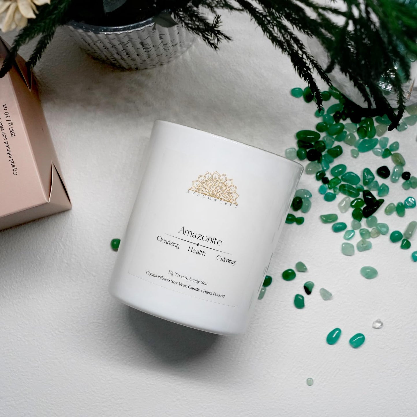 Ava Concept Amazonite Crystal Candle – 10oz / 280g Fig Tree & Sandy Sea Aromatherapy Hand-Poured Soy Wax Genuine Amazonite Healing Crystals Embedded Cleansing, Health & Calming Gift Box Included