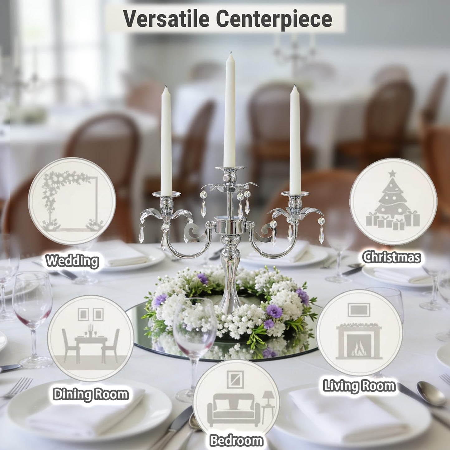 KEHAIL Metal 3 Arm Candelabra with Crystal Pendants - 11.8 Inch Tall Candle Holders, Set of 2 - Elegant Taper Candlestick Stand for Wedding, Dining Table, Christmas Party Home Decoration (2, Silver)