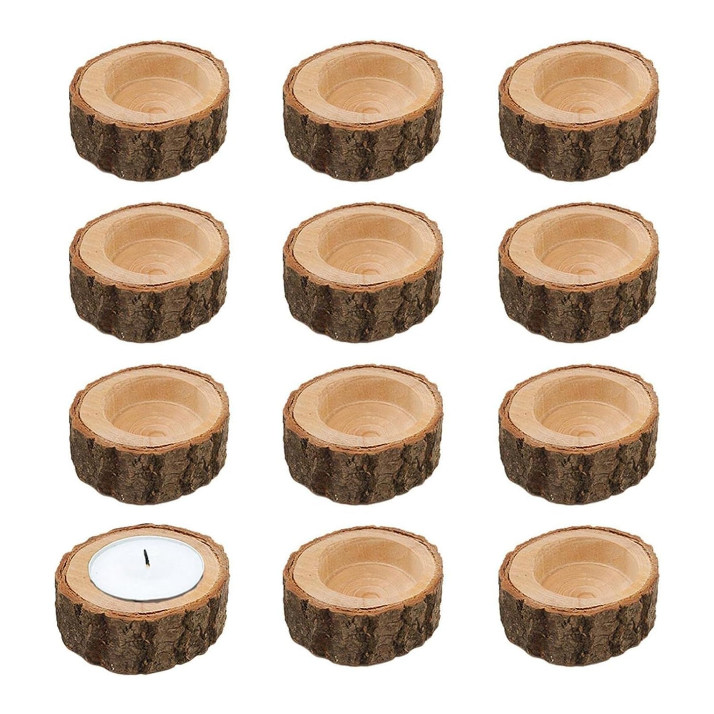 LIFTATAPA 12 Pack Wooden Tealight Candle Holders, Rustic Wood Votive Tealight Holder, Personalized Tealight Candlestick for Wedding Party and Home Decoration