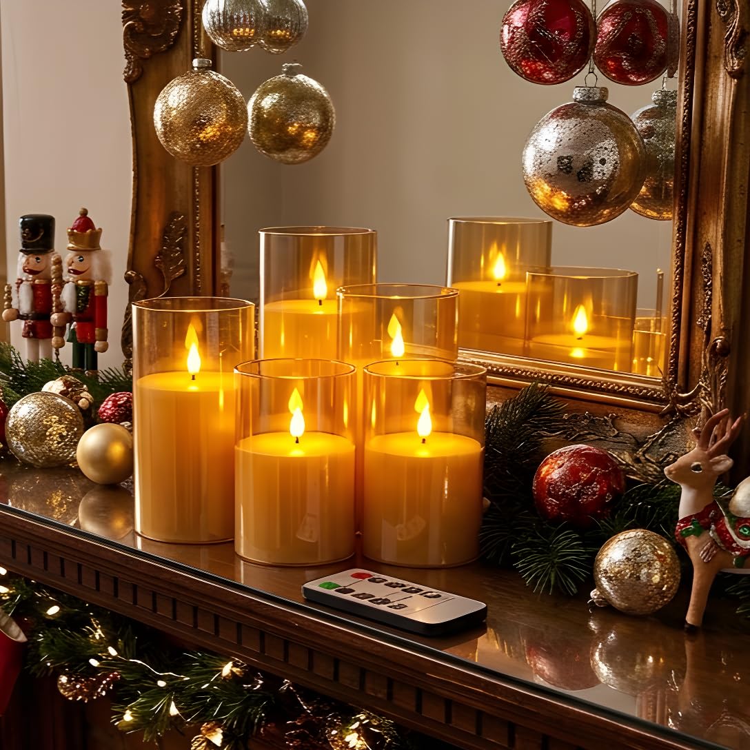 NICEME Amber Flickering Flameless Candles Battery Operated Acrylic LED Pillar Candles with Remote Control and Timer Flameless Halloween Candles for Thanksgiving Christmas New Year Home Decor, Set of 5