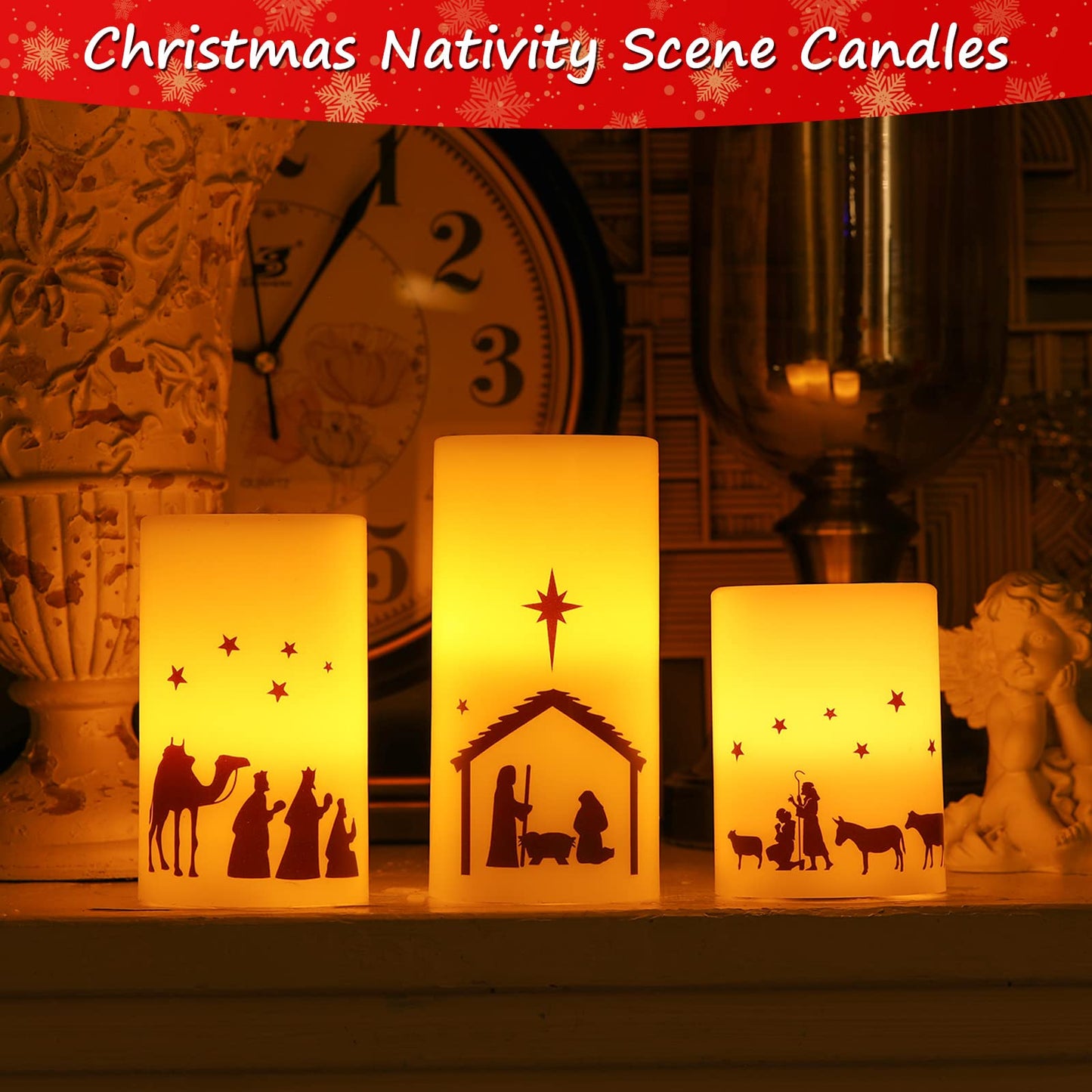 Nuanchu 3 Pcs Nativity Scene Candles Flameless Christmas LED Candles Battery Operated Warm Light for Advent Indoor Outdoor Home Table Decorations Christmas Holiday Decor