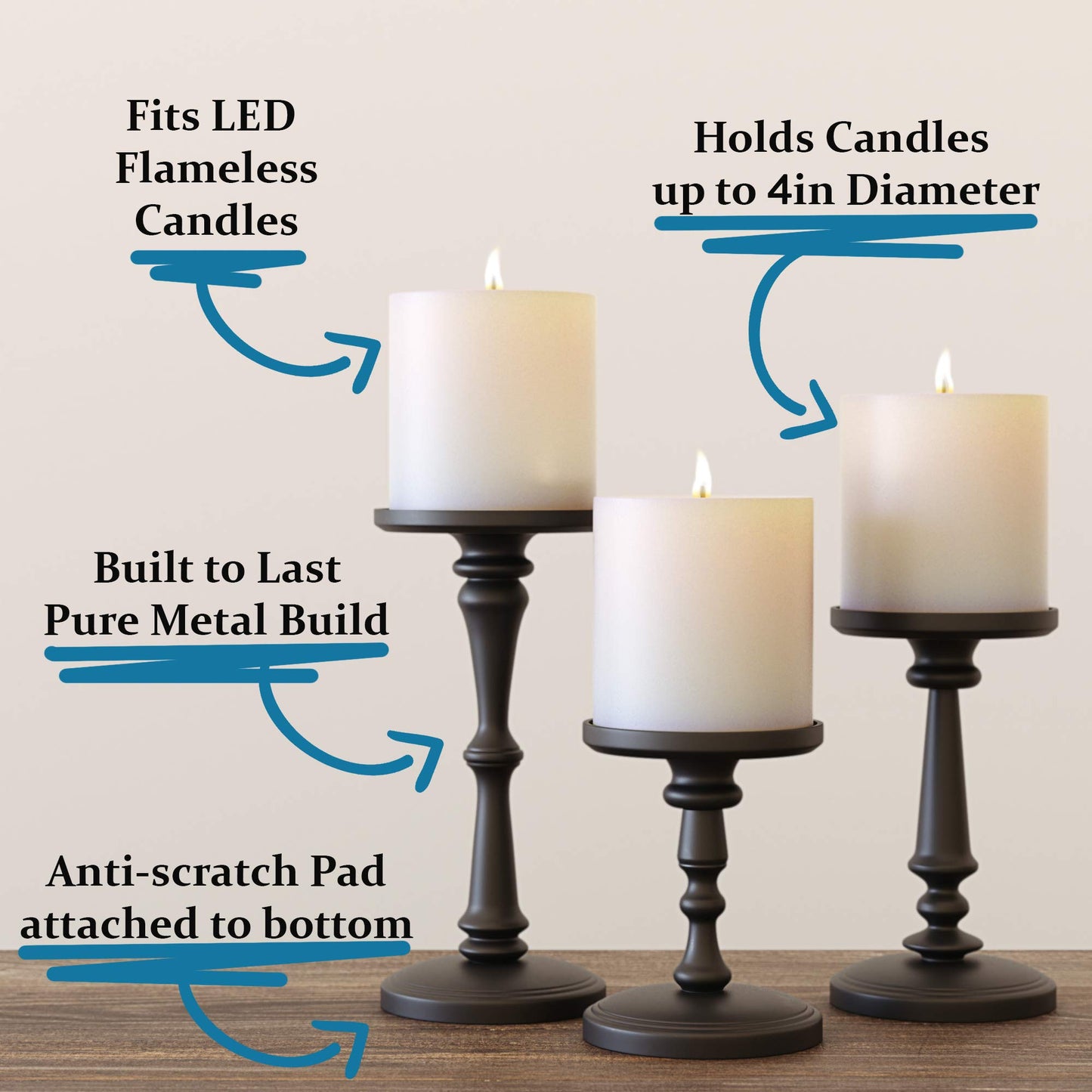 Matte Black Candle Holders Set of 3 - Metal Candle Holders for Pillar Candles & LED Flameless Candles - 6, 8 & 10 Inch Tall - Decorative for Table, Fireplace & More - Pillar Candles Holders Sets of 3