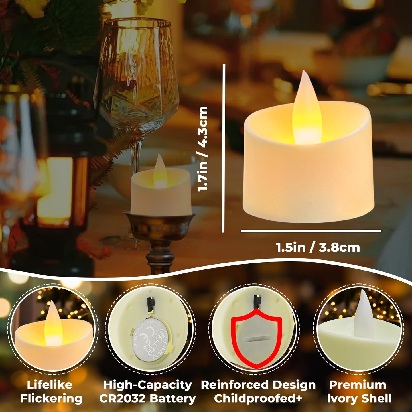 Haown 24-Pack Realistic Flameless Tea Lights, Patented Dual-LED Tech (Steady + Flicker) - Battery Operated Warm Yellow Votives for Wedding, Valentine, Home Decor (Ivory Base, 24 Pack)