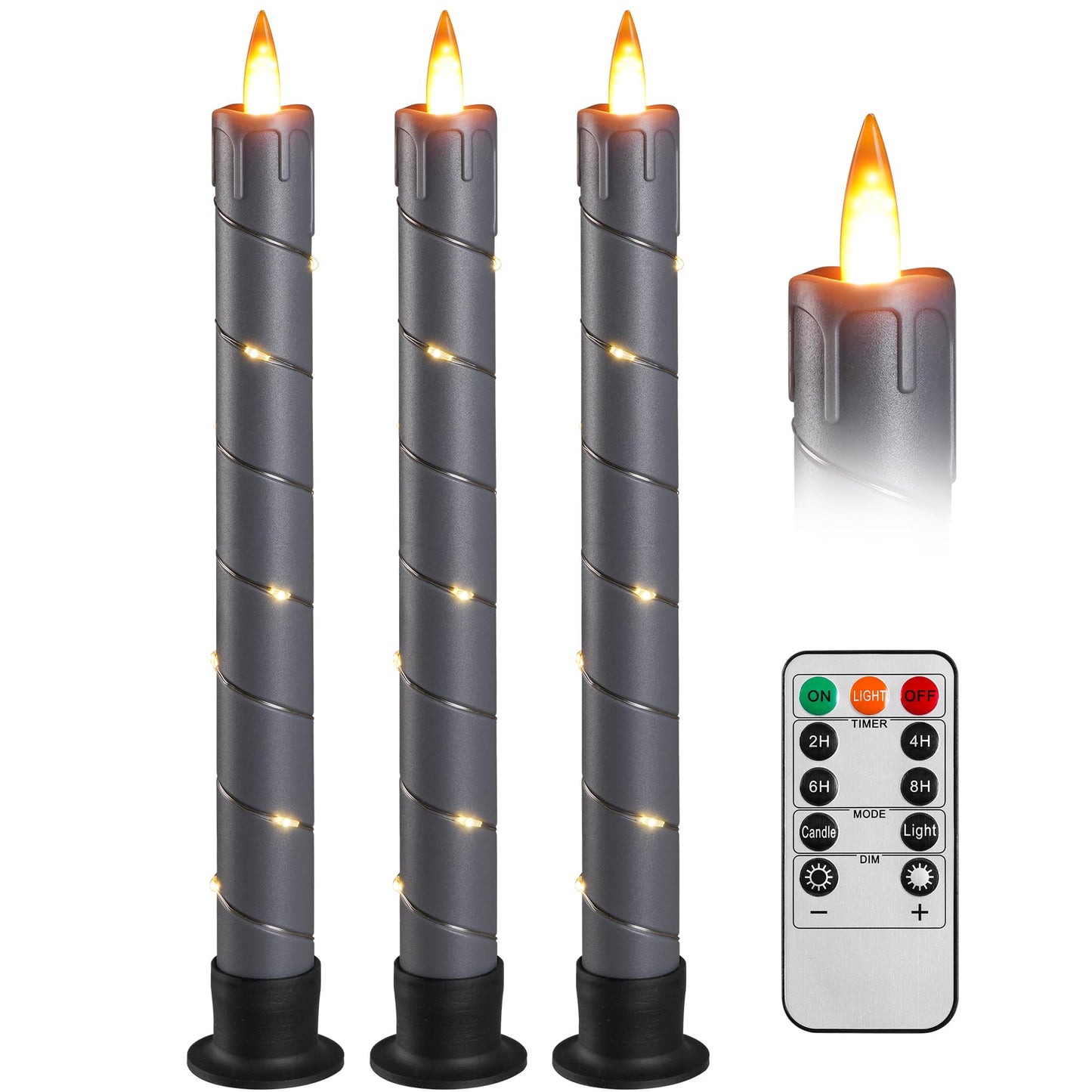 3 Pack Gray Dripping Wax Flameless Candles, Realistic Dynamic Flame LED Taper Candles with Surrounding Fairy String Lights, Remote Control Battery Operated Candles for Home Wedding Holiday Decor