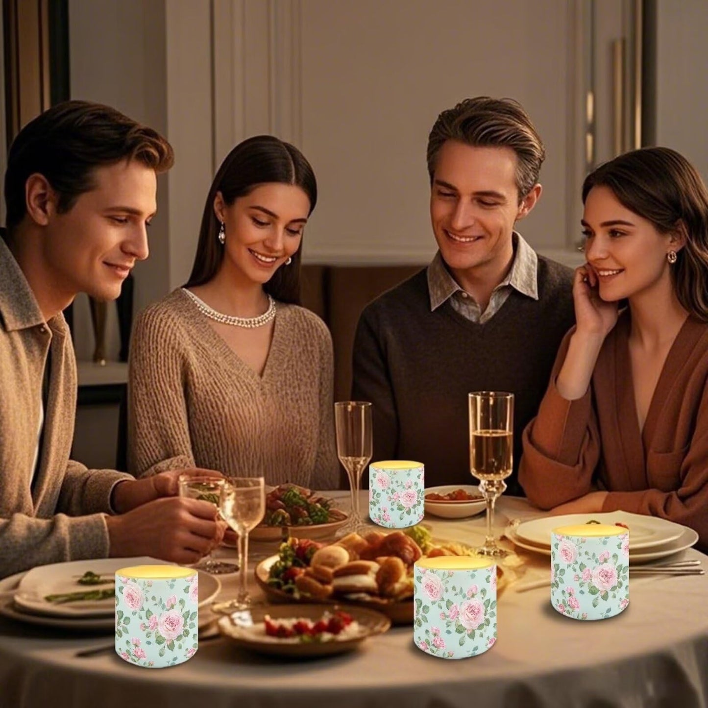 Cozeyat Elegant Floral LED Candles Set of 4 Battery Powered Flameless with Remote Timer Dancing Flame Waterproof for Home Table Garden Decoration