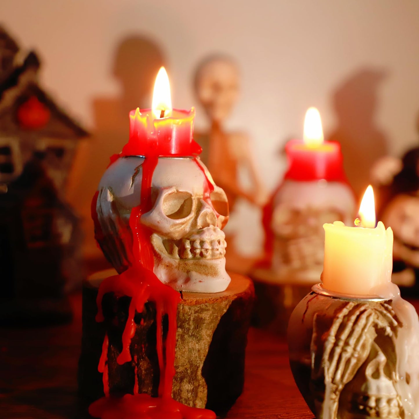 Gothic Skull Taper Candle Holders, 3pcs - See No Evil, Hear No Evil, Speak No Evil, Halloween Candle Holders, Horror-Themed Spooky Home & Halloween Decorations