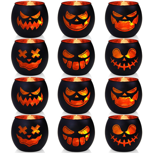 Black Halloween Table Centerpieces Candle Holders 12 PCS, Jack O Lantern Tealight Votive Candle Holders, Indoor Halloween Decorations for Mantel Coffe Table Decor