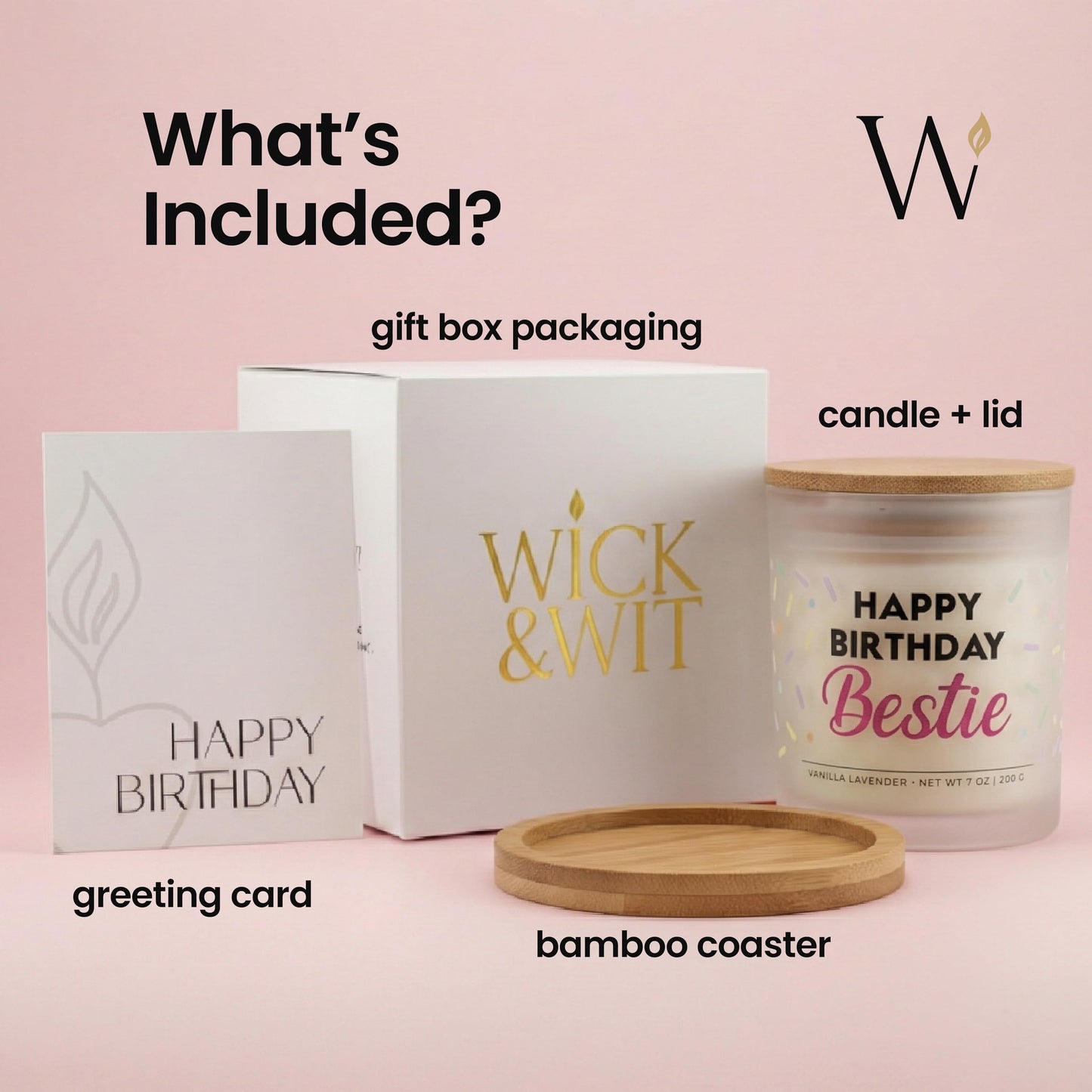 Bestie Birthday Gifts for Women - Happy Birthday Bestie Gifts for Women with Sprinkles Friendship Soy Candle Gift Set for BFF Sister Coworker Vanilla Lavender Candle Ready to Gift Box by Wick and Wit