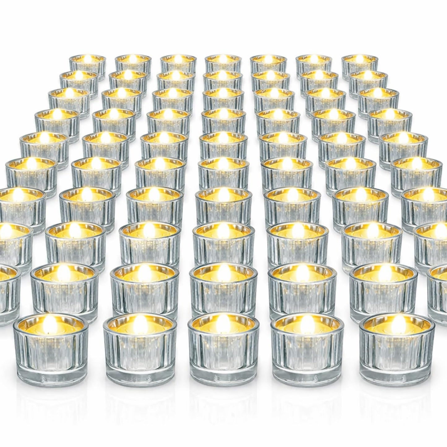 Mumufy 100 Pcs Glass Tealight Candle Holder Ribbed Votive Candle Holder for Centerpiece Wedding Proposal Spa Aromatherapy Meditation Home Decor (Silver)