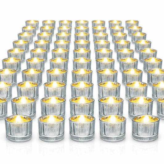 Mumufy 100 Pcs Glass Tealight Candle Holder Ribbed Votive Candle Holder for Centerpiece Wedding Proposal Spa Aromatherapy Meditation Home Decor (Silver)