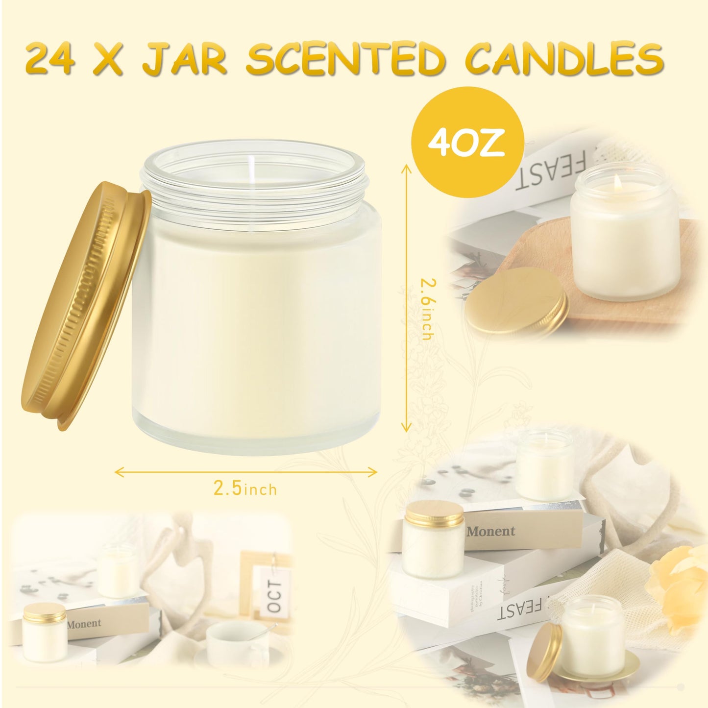 ACITHGL 24 Pcs Frosted Glass 4oz Mini Mason Jar Candles Small Lavender Scented Candles Bulk Aromatherapy Ideal Souvenir Favors for Wedding Birthday Party (Gold, Frosted, 24)