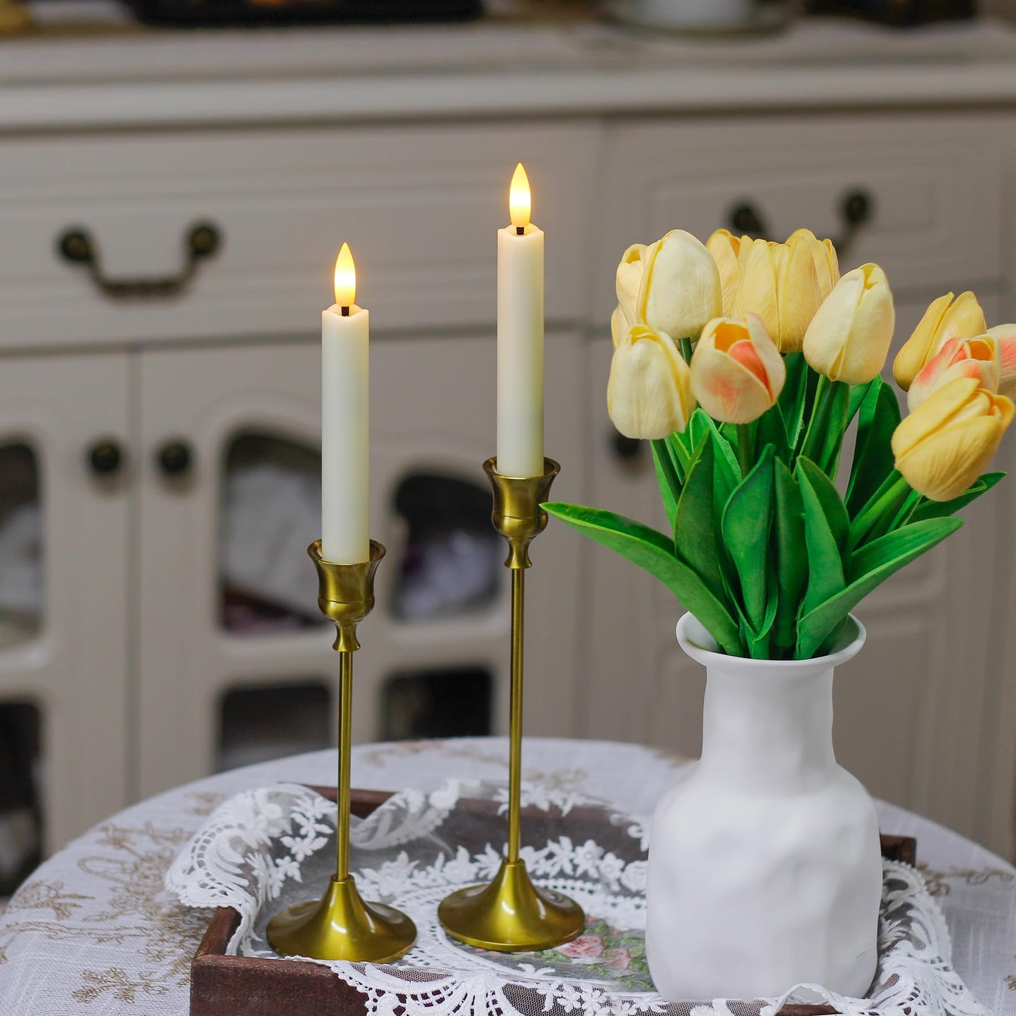 Mavandes 6.4 Inches Plastic LED Taper Candles with Remote and Timer,Ivory Flameless Battery Operated Flickering Candlesticks,Pack of 6 Flameless 0.78” Diameter 3D-Wick Tall Window Candles,Long-Lasting