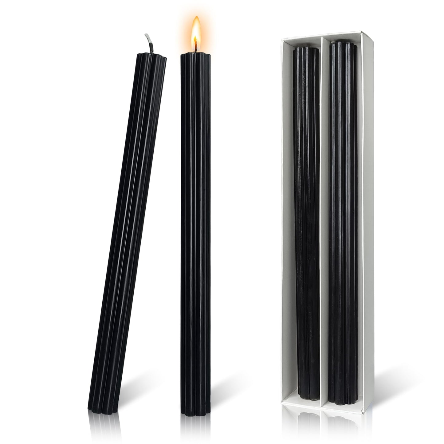 Dripless Taper Candles Unscented Black Candlesticks 10 Inch Smokeless Long Candle Handmade Ribbed Candles for Table Home Decoration Holiday 2 PCS