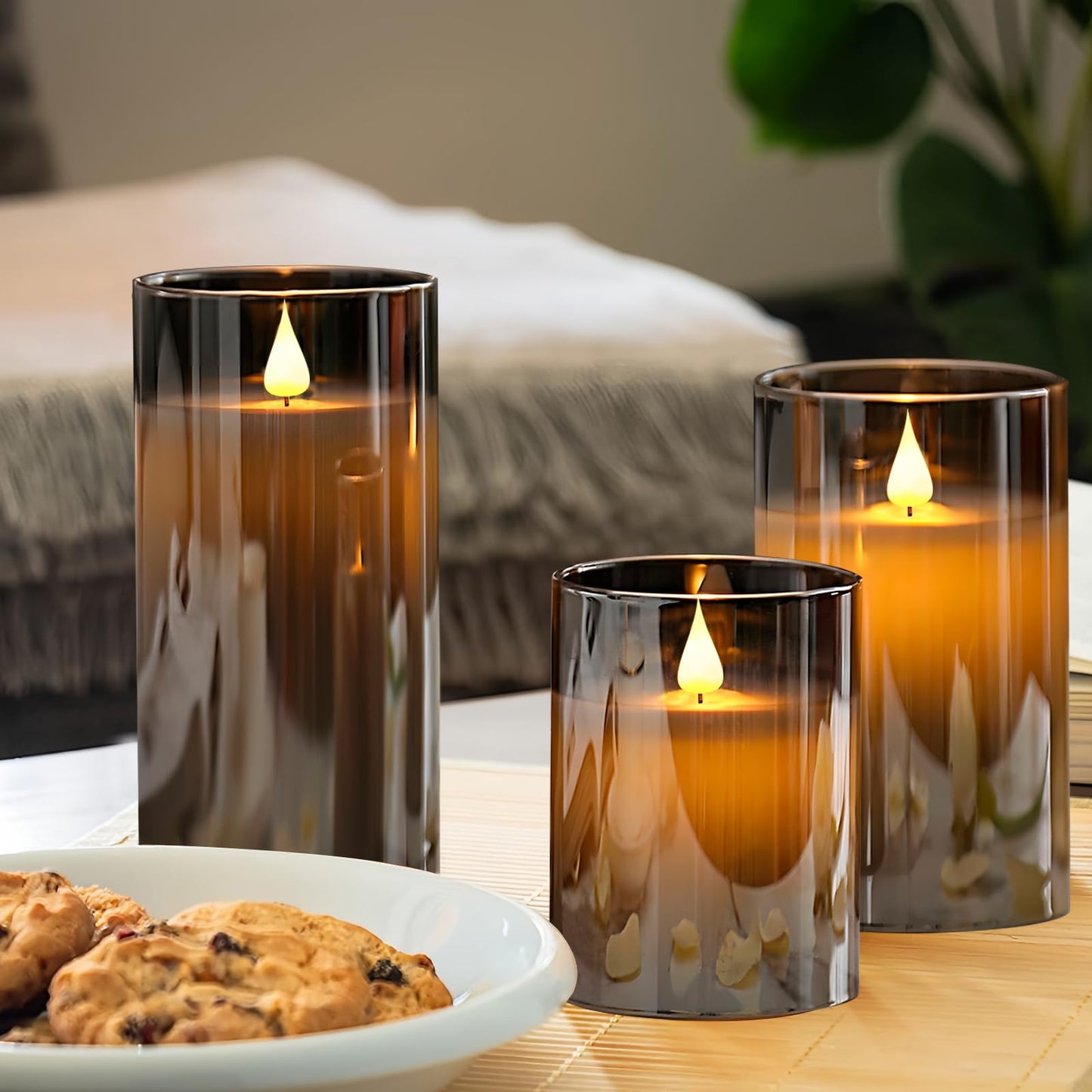 SUNGEGE Flameless Candles, 3-Pack Battery Operated Candles, 3x4/5/6 Inches, Gray, LED Flickering Light, Acrylic Material, Safe for Kids and Pets, Perfect for Home Décor, Events, and Holiday Occasions