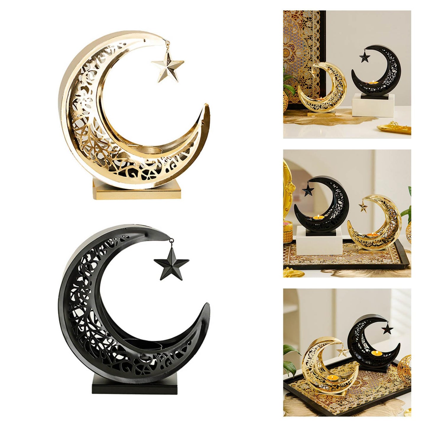 Mooned Shape Candelabra Hollowed Carved Tealight Display Stand for Tabletop Mantels Shelf Display Festival Celebration Wrought Iron Stand