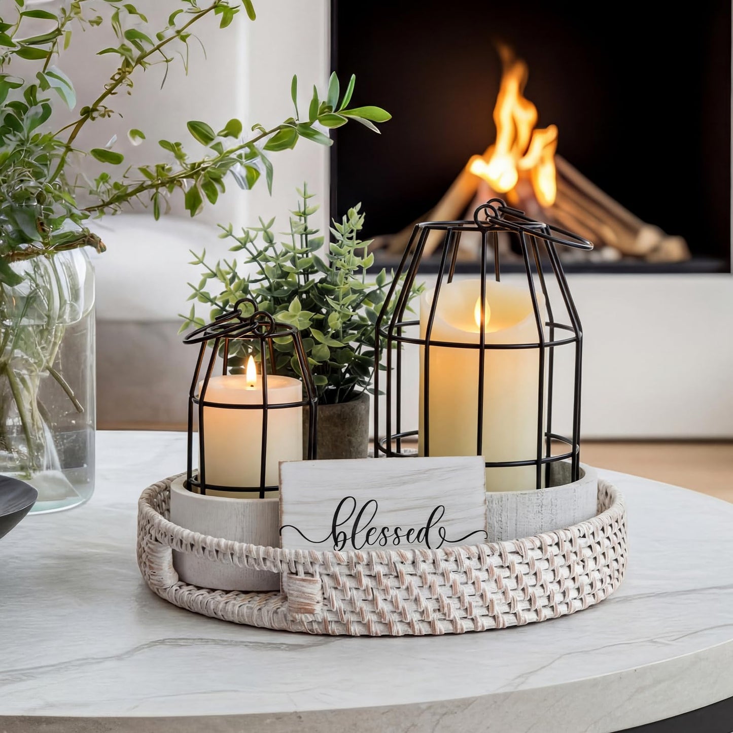 Mumufy Modern Rustic Farmhouse Candle Lantern Set of 5 (Candles are Not Included), Decorative Lanterns for Living Room Table Centerpieces Fireplace Mantle Modern Home Decor(Small,Black, White)