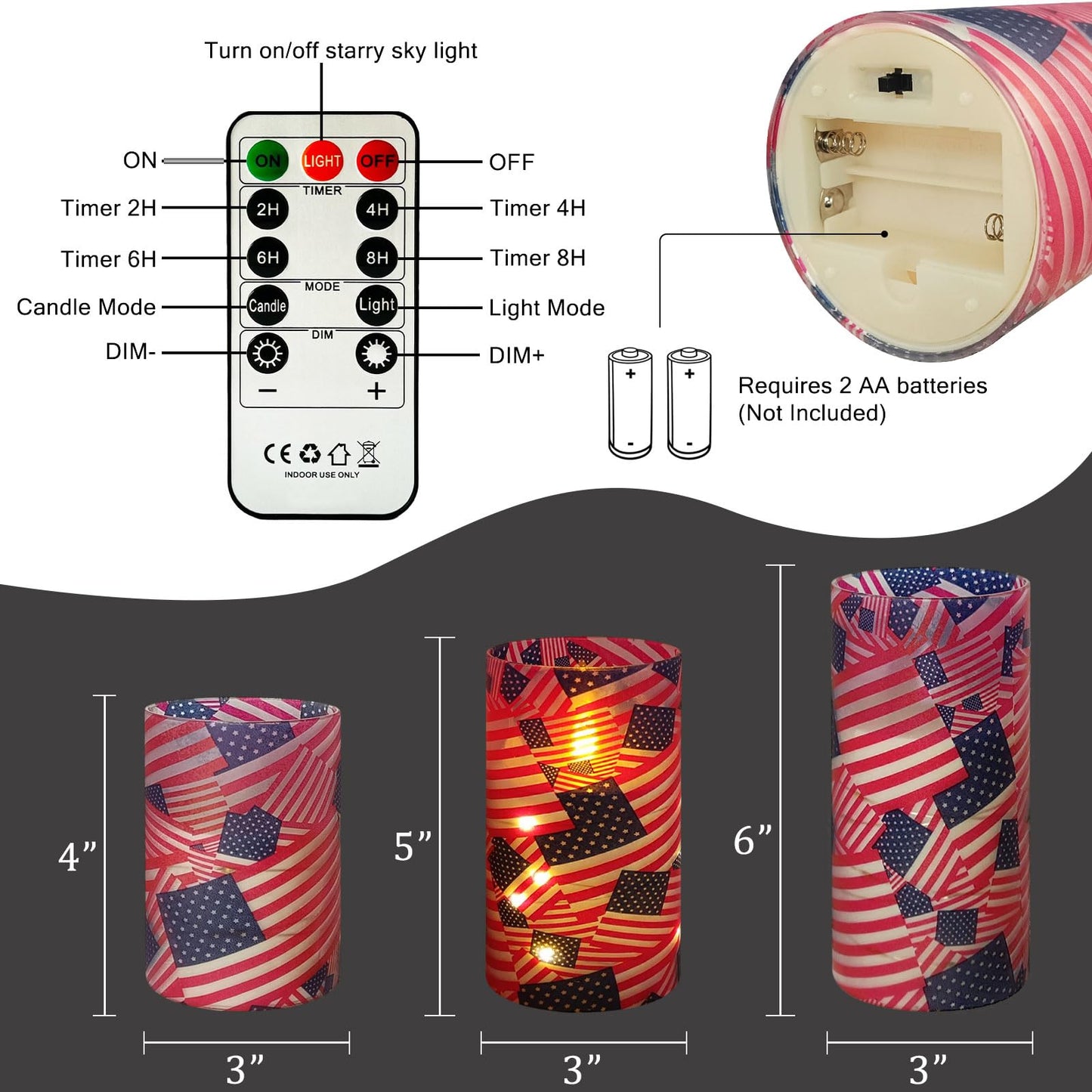 NJAO HOO Flickering Flameless Candles, LED Candles 3D Wick Acrylic Battery Operated LED Pillar Candles with Remote and Timer for Day 4th of July Decor Set of 3(American Flag)