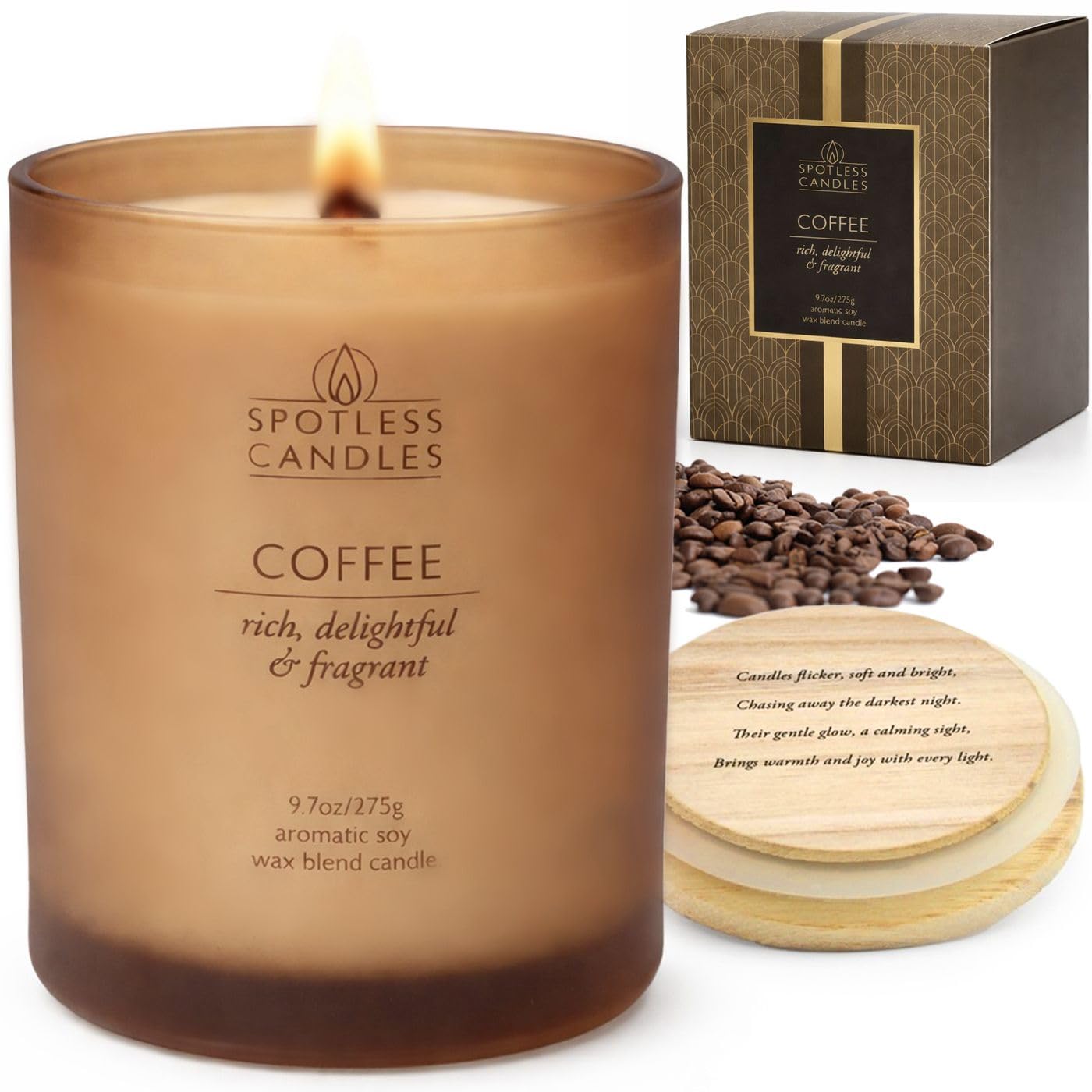 Coffee Candle; 9.7oz, 55 Hrs Burn Time, Soy Wax Brown Frosted Jar with Crackling Wooden Wick & Luxury Gift Box with Gold Foil Strip: Coffee Scented Candle by Spotless Candles