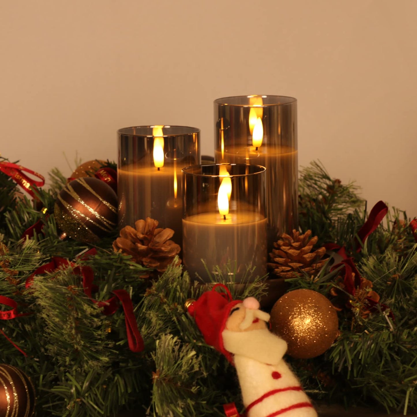 OWLZOO Set of 3 Gray Glass Flameless Candles Battery Operated with Timer and Remote, Flickering Glass LED Pillar Candles Battery Powered, Real Wax, D3 H4 5" 6"