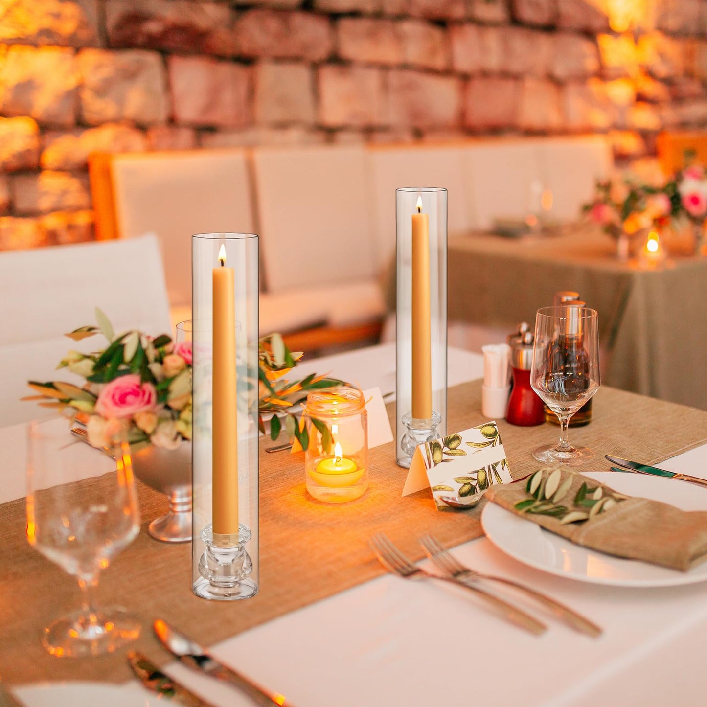 Teenyyou 36 Set Glass Hurricane Candle Holders Bulk 12.6" Open Ended Glass Candleholder Tube Shape Bottomless and 2.2" Taper Clear Candlestick Holders for Wedding Table Centerpiece (Clear)