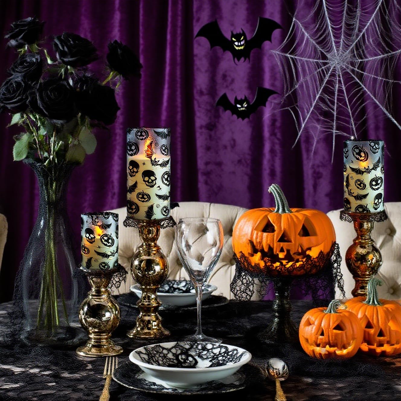Flickering Flameless Candles Halloween Bat Embedded Star String Lights, Battery Operated Acrylic LED Pillar Candles with 11-Key Remote and Timer for Home Decoration, 3 Pack