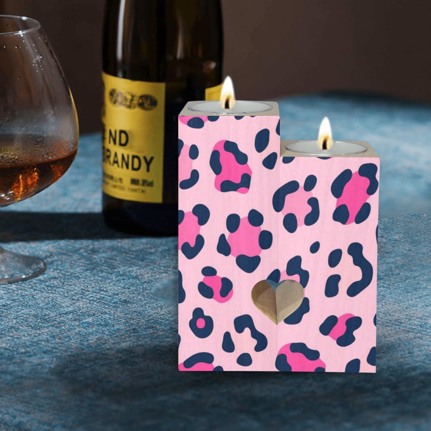 pnyoin Animal Skin Pink Black Candle Holders Gift for Women Wooden Heart Candlestick Personalized Christmas Birthday Graduation Friendship Gifts Home Wedding Dinning Party Decorative