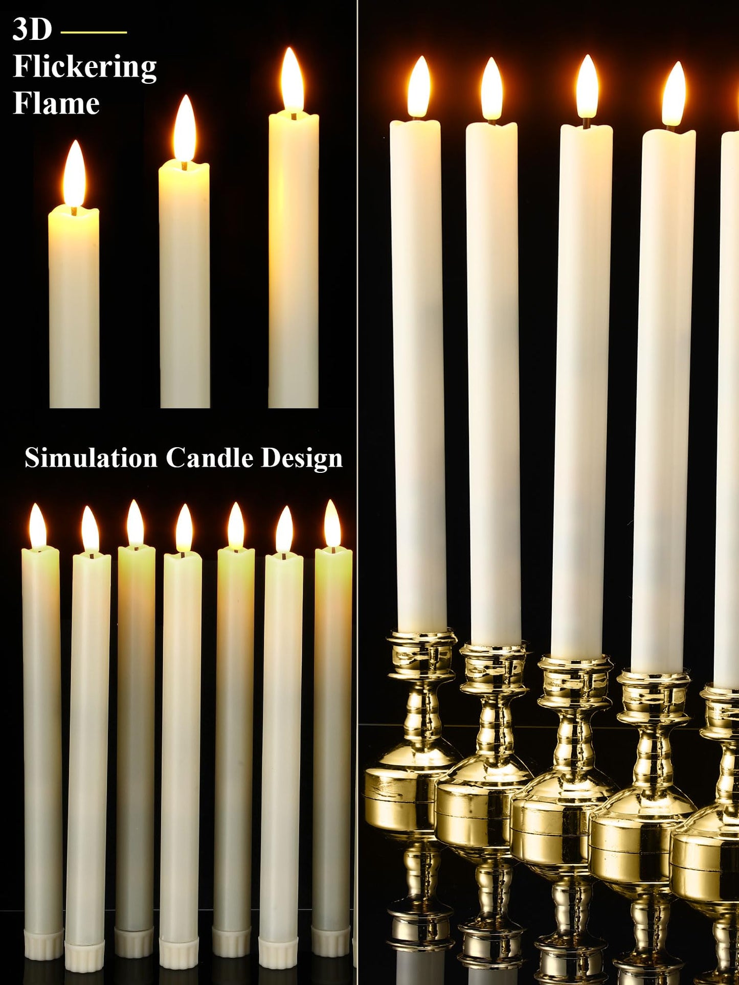 VIHOSE 24 Pcs Flameless Taper Candles with Holders Remote Timer Battery Operated Candles Bulk LED Candlesticks Flickering for Valentines Wedding Home Window Carnival Party Decor(Gold,Elegant Style)