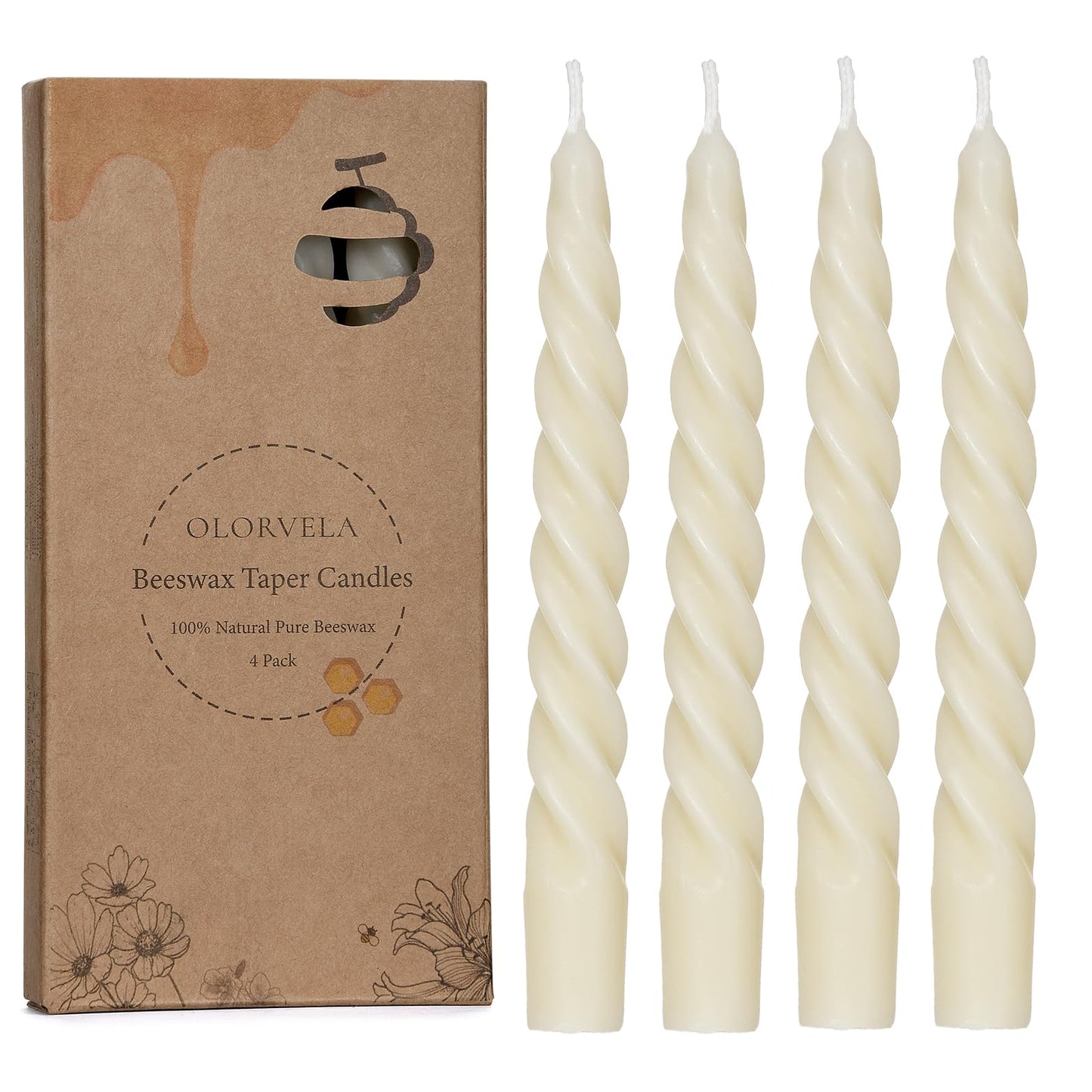 Beeswax White Spiral Candles 7", Natural Beeswax Taper Candle Twisted Taper Candles Set of 4,Dripless White Candlesticks,Clean Burning Unscented Candle Sticks for Christmas Home Dinner Wedding