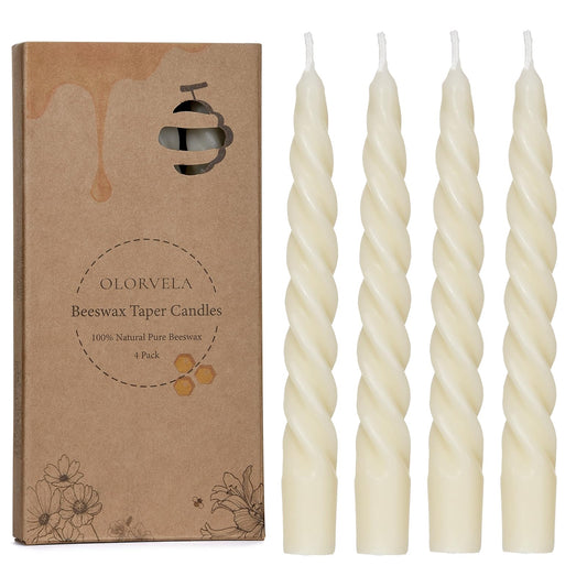 Beeswax White Spiral Candles 7", Natural Beeswax Taper Candle Twisted Taper Candles Set of 4,Dripless White Candlesticks,Clean Burning Unscented Candle Sticks for Christmas Home Dinner Wedding