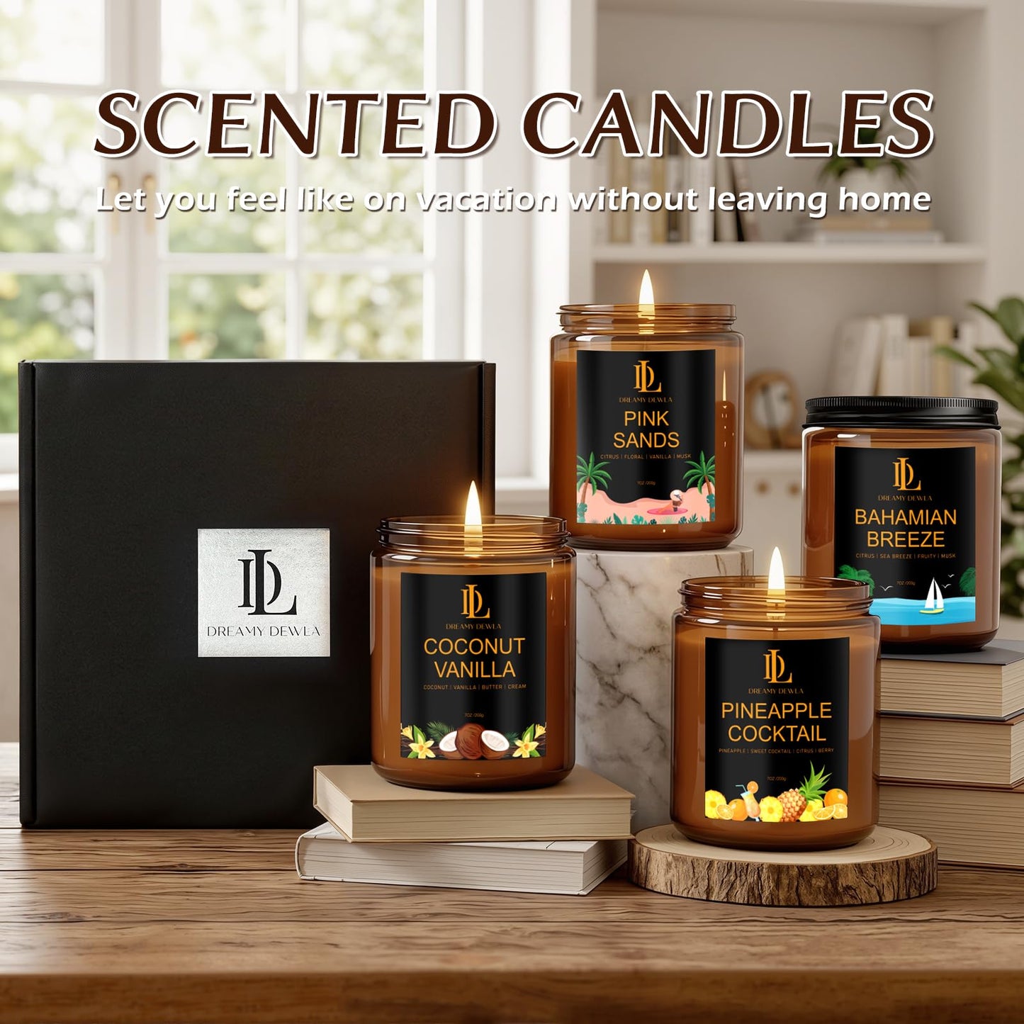 Scented Candles Set, 4 Pack Soy Candles for Home Scented, Candle Gifts for Women Men, 28oz 200 Hours Burn, Scents of Pineapple Cocktail/Coconut Vanilla/Pink Sands/Bahamian Breeze