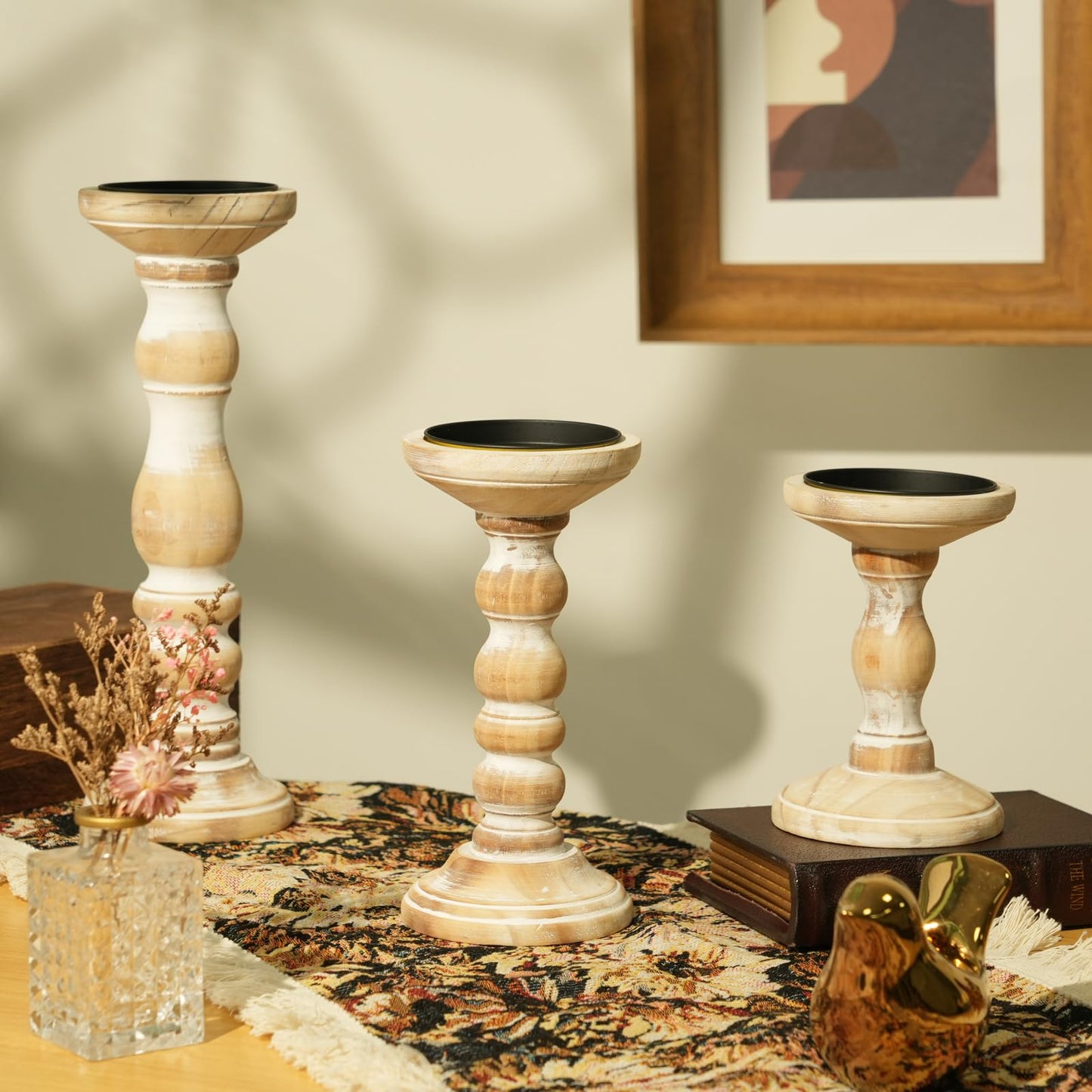 Wood Candle Holders for Pillar Candles - Tall Rustic Candle Holder (Set of 3), Large Farmhouse Candle Holders Candle Stand, Pillar Candle Holder Set for Table Centerpiece, Fireplace, Home, White