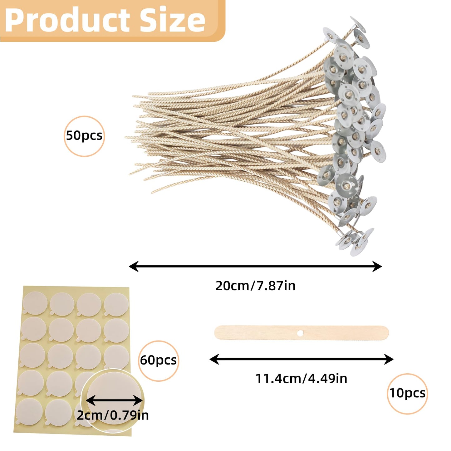 Candle Wicks Kit - 50pcs 8 Inch Natural Candles Wicks with 10pcs Wooden Holders 120 Pcs Wick Stickers for Soy Wax Beeswax Coconut Wax Candle Making Supplies