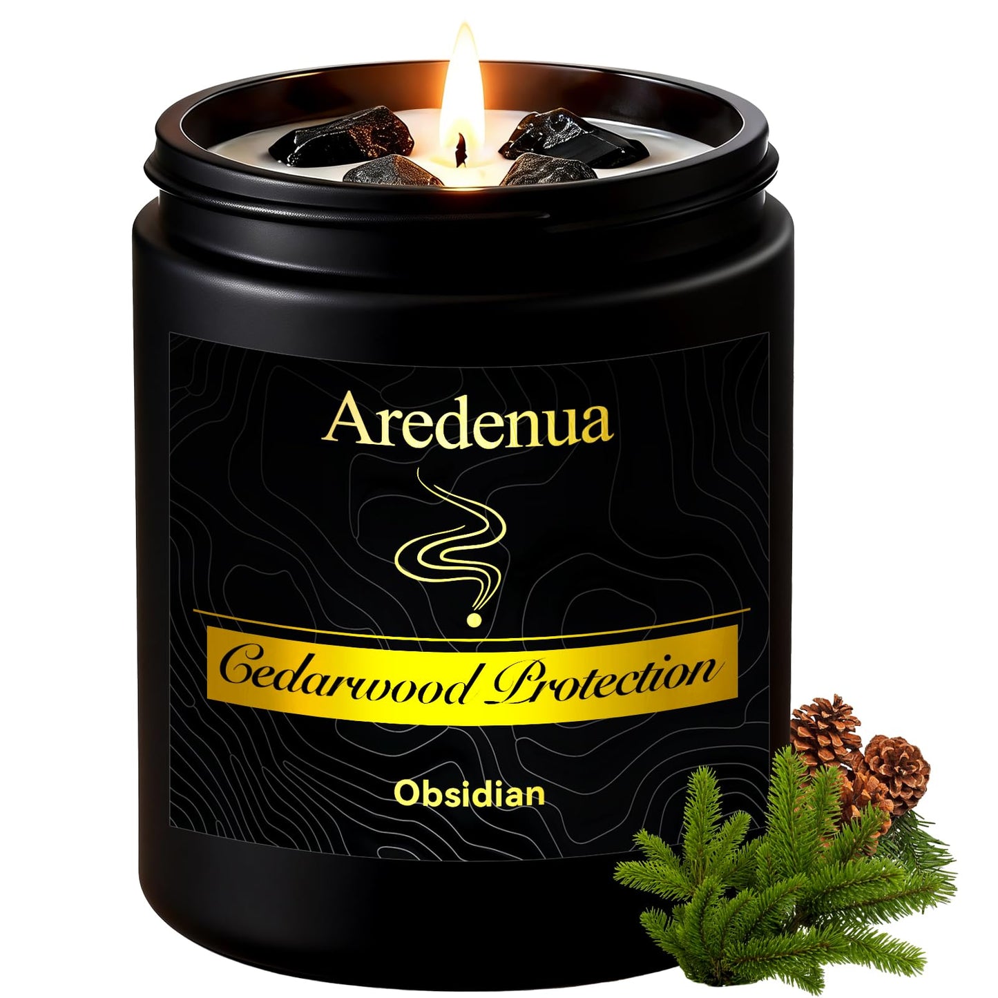 Aredenua Scented Candle with Crystal for Emotional Protection and Grounding - Cedarwood Aromatherapy Candle with Obsidian Healing Crystals, Natural Soy Wax 7oz, Strength Gift for Women Men