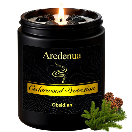 Aredenua Scented Candle with Crystal for Emotional Protection and Grounding - Cedarwood Aromatherapy Candle with Obsidian Healing Crystals, Natural Soy Wax 7oz, Strength Gift for Women Men