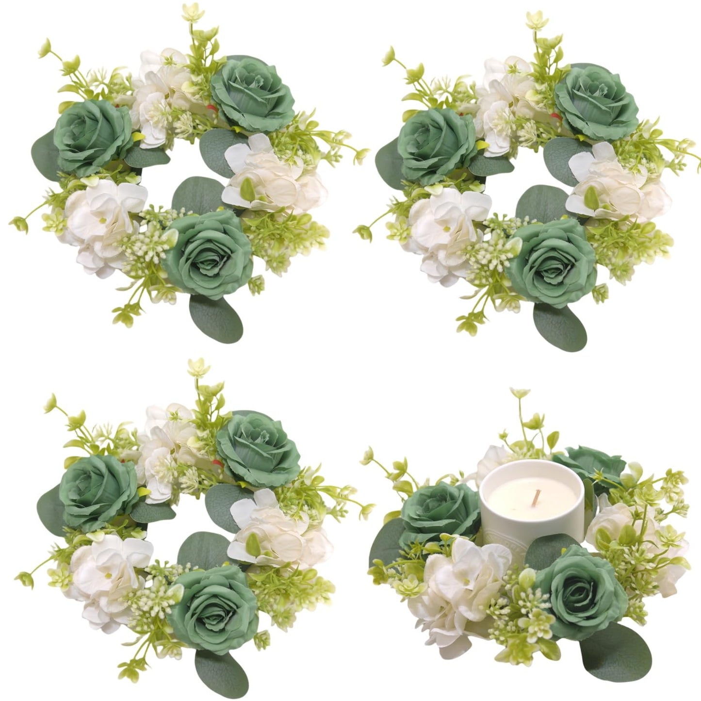 4 Pcs Candle Rings Wreaths,Artificial Hydrangea Wreath Candles Wreaths for Pillars Christmas Wedding Home Table Party Decoration (Green)