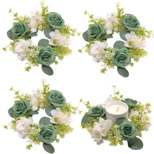 4 Pcs Candle Rings Wreaths,Artificial Hydrangea Wreath Candles Wreaths for Pillars Christmas Wedding Home Table Party Decoration (Green)