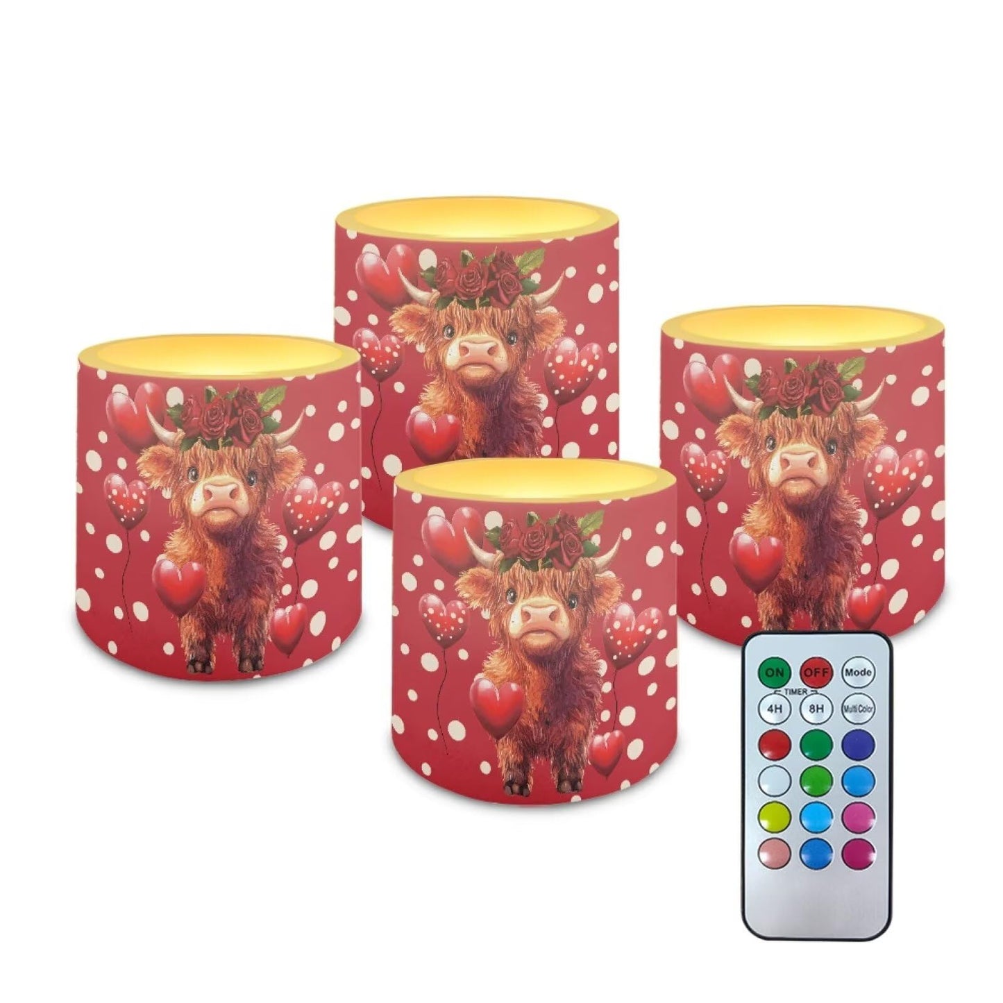 Merkmak 4 Pack Flameless Candles with Remote Battery Operated Pillar Candles with Timer Highland Cow Heart LED Elictric Tealights for Valentines Day Dining Table Decorations