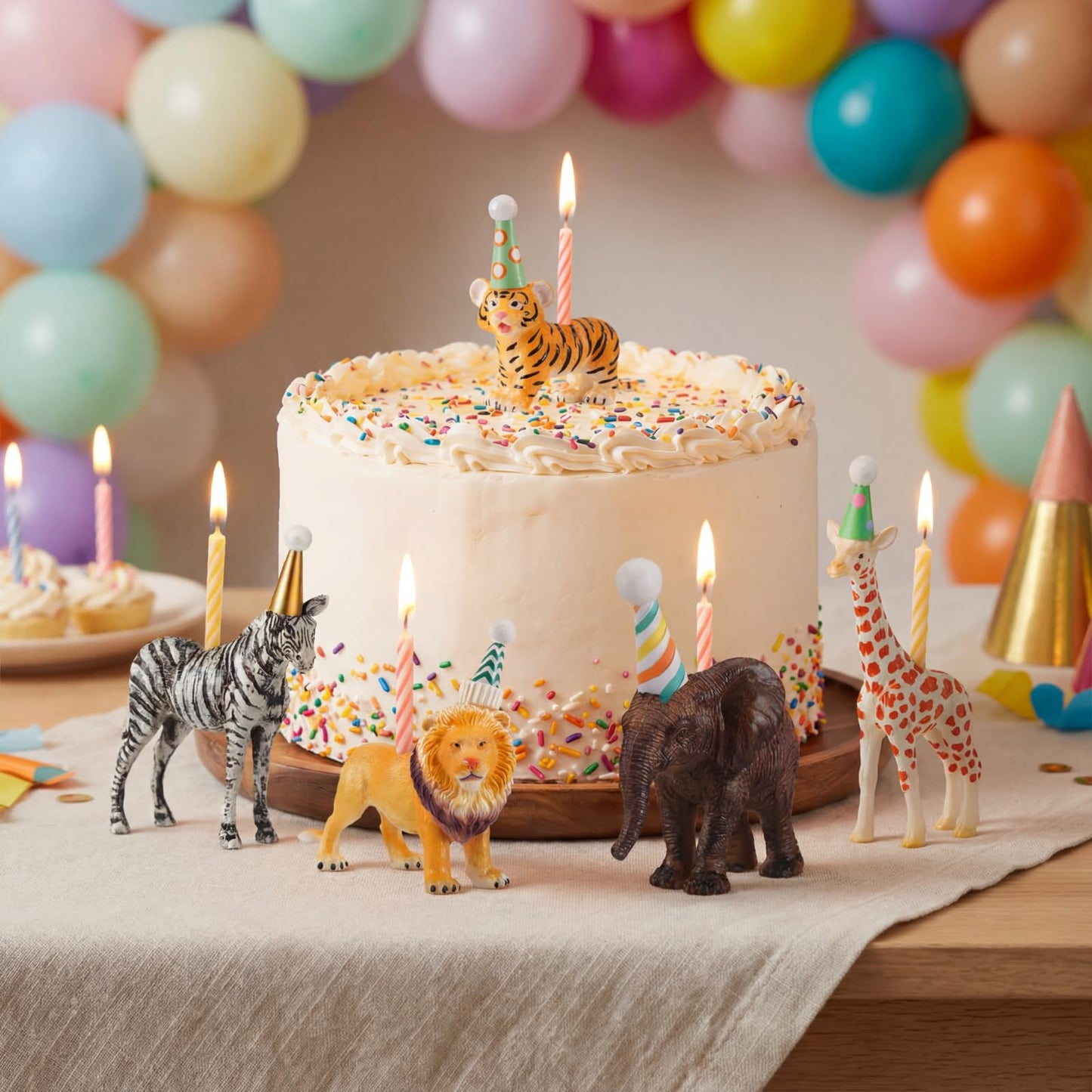 BrightRow 5 Pcs Safari Jungle Animal Cake Candle Holders Resin Animals Figures Cake Topper Birthday Party Decor Giraffe Lion Elephant Zebra Tiger Candle Stands for Wild Animals Themed Party Decor