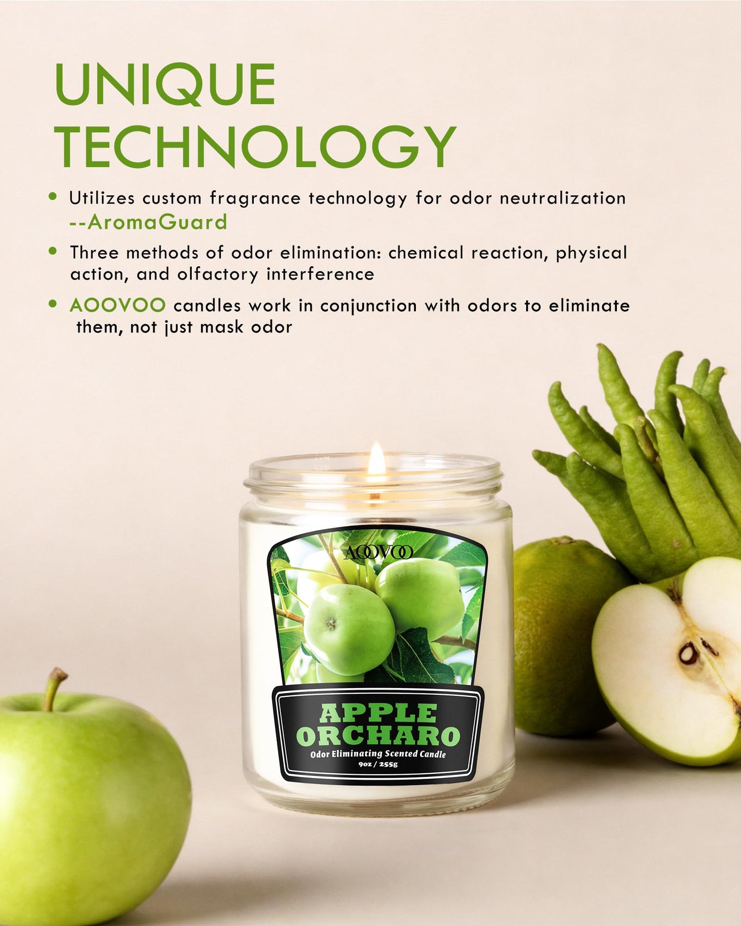AOOVOO Apple Orcharo Odor Eliminating Candle - Up to 50 Hours Burn time, Eliminates 95% of Pet, Smoke, Food, and Other Smells Quickly, 9 oz Non Toxic Highly Fragranced Air Freshing Soy Candle