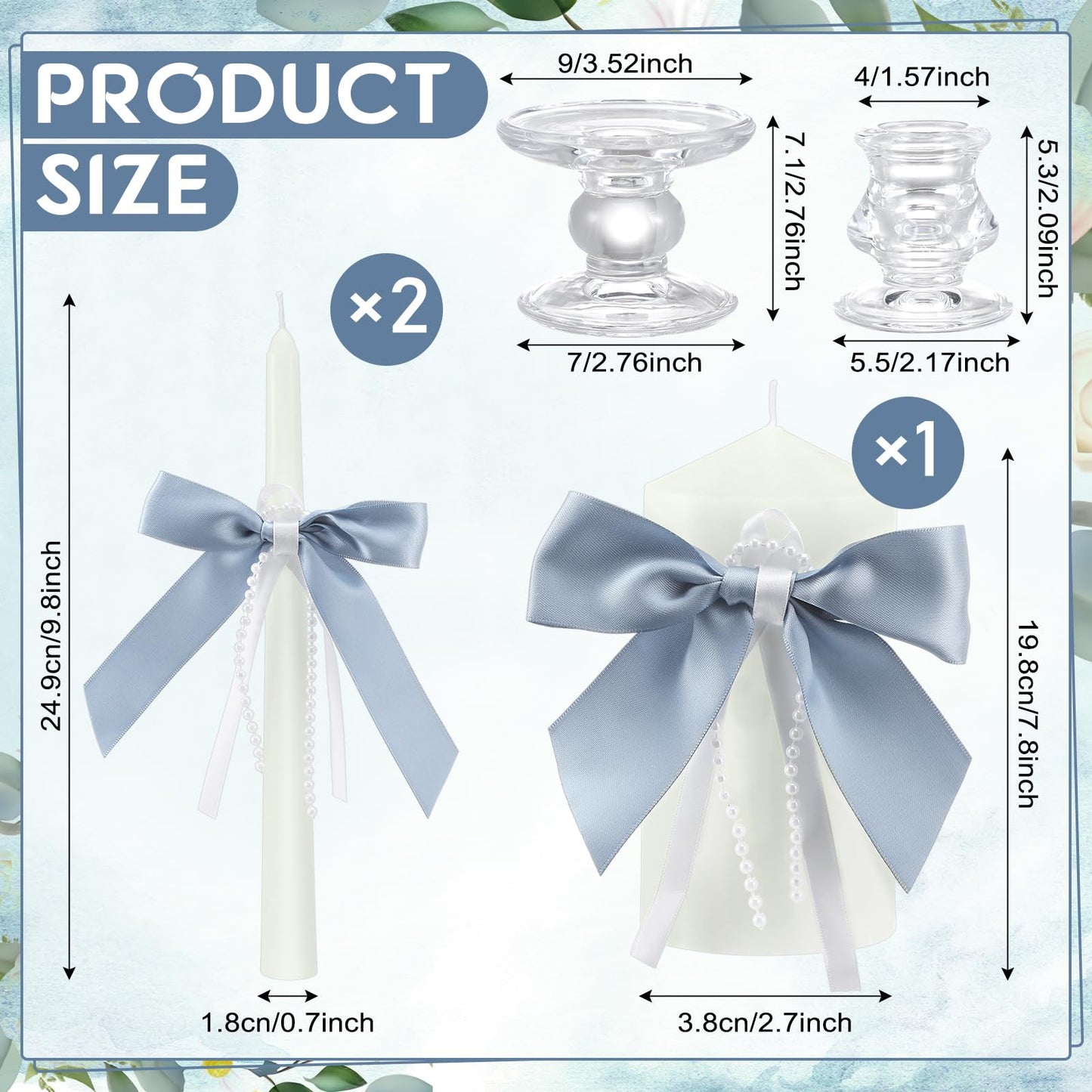 Conelist 3 Pcs Unity Candles for Wedding with Satin Bow and Glass Candle Holder Coquette Unity Pillar and Taper Candles Set Wedding Ceremony Reception Decor for Formal Events Church(Dusty Blue)