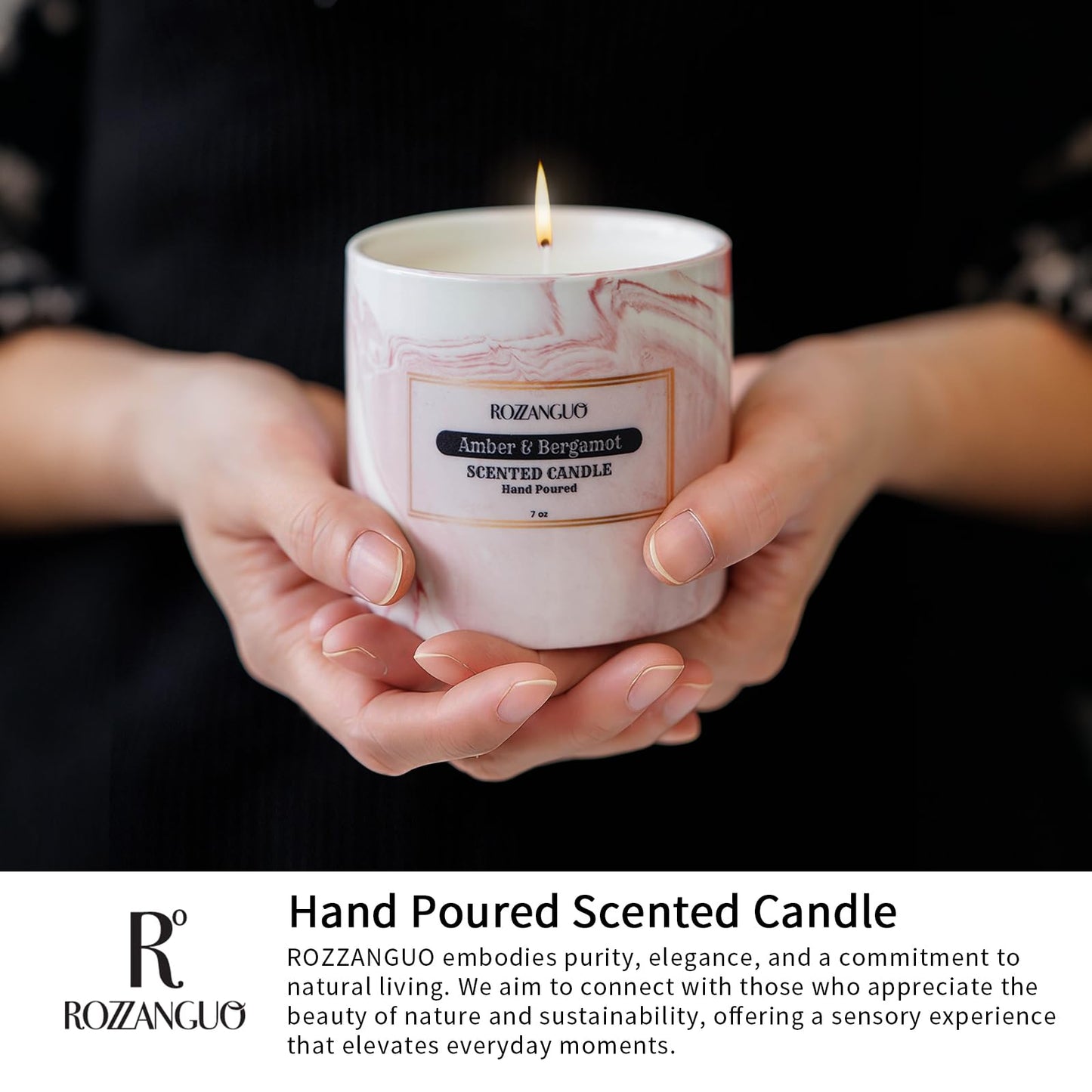Rozzanguo Luxury Marble Jar Scented Candle | Women Men | Non Toxic 100% Natural Coconut & Soy Wax Blend Cotton Wick | Hand Poured Highly Scented Long Lasting (Amber & Bergamot, 7 Ounces)